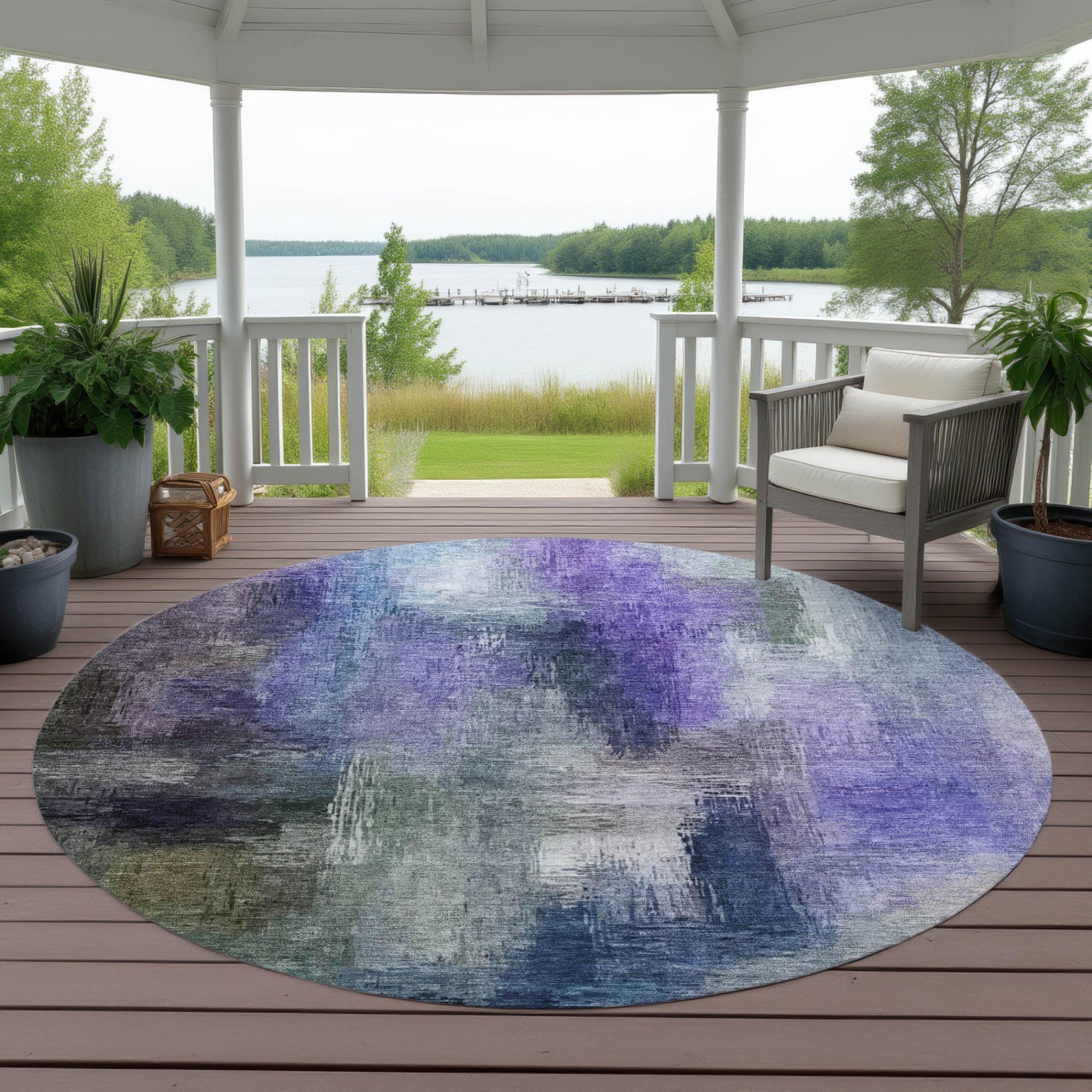 8' Purple And Pewter Round Abstract Washable Indoor Outdoor Area Rug Homeroots Outdoor