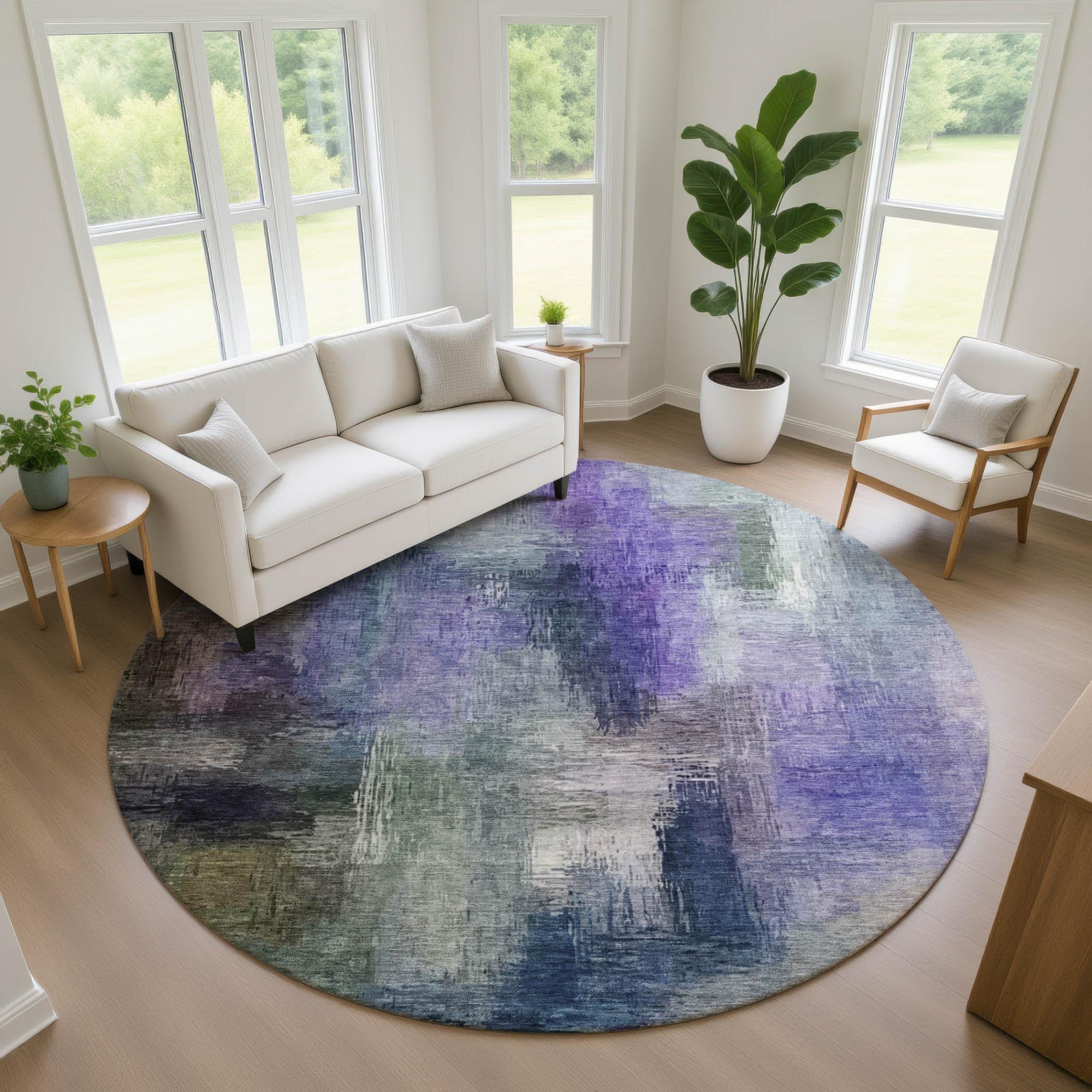 8' Purple And Pewter Round Abstract Washable Indoor Outdoor Area Rug Homeroots Outdoor