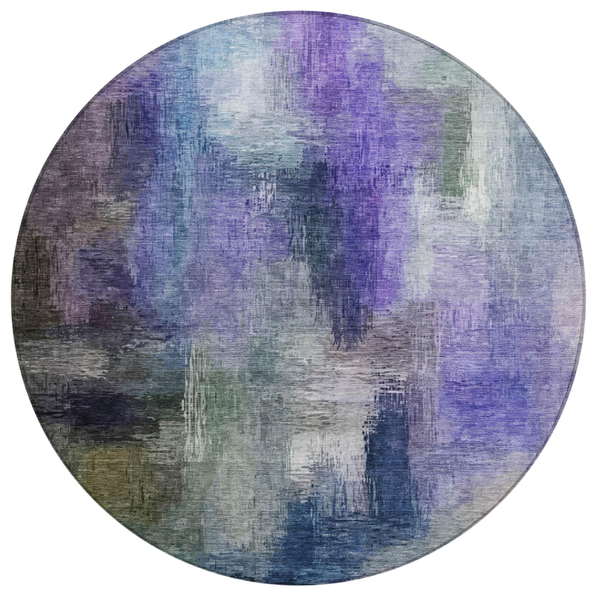 8' Purple And Pewter Round Abstract Washable Indoor Outdoor Area Rug Homeroots Outdoor