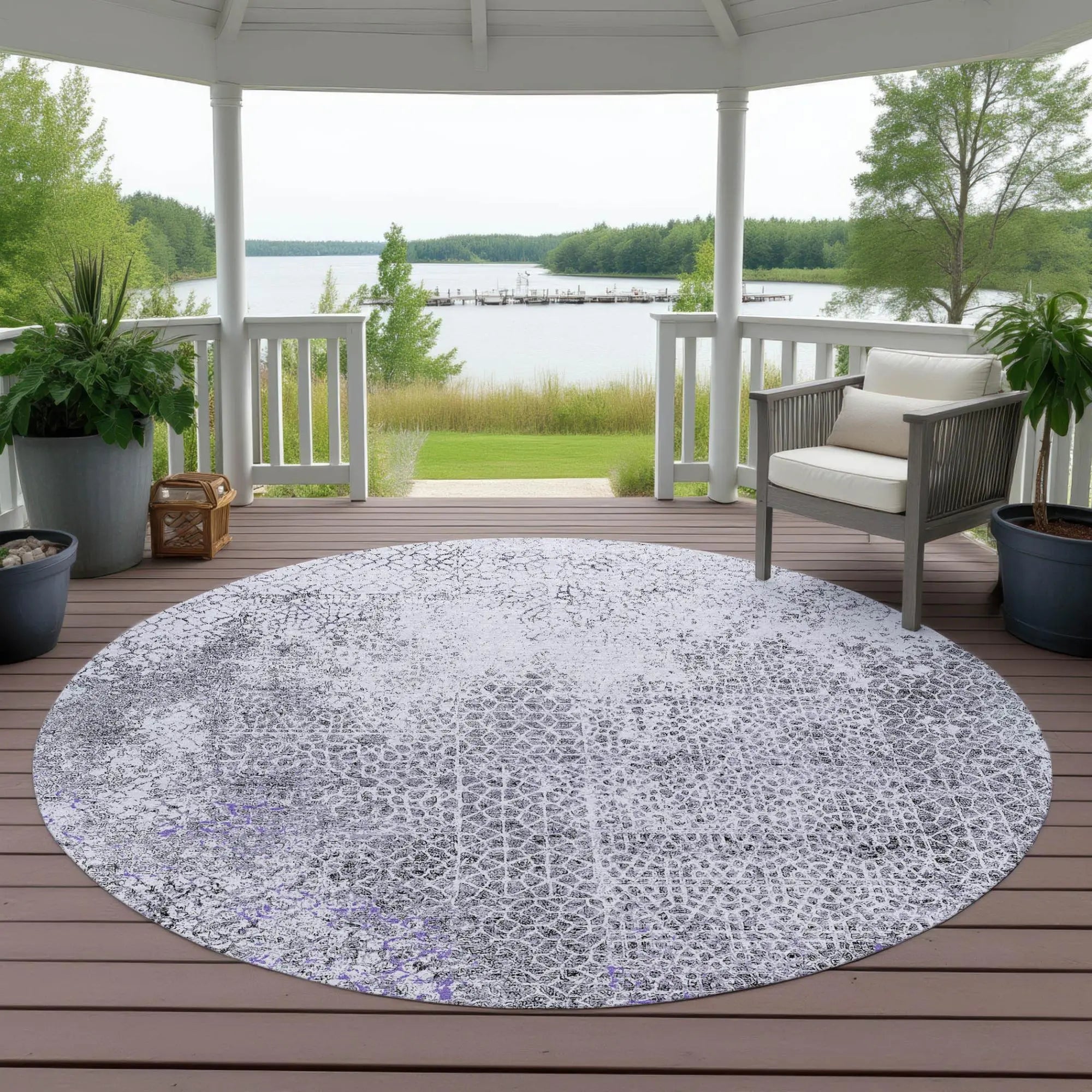 8' Purple And Pewter Round Abstract Washable Indoor Outdoor Area Rug Homeroots Outdoor