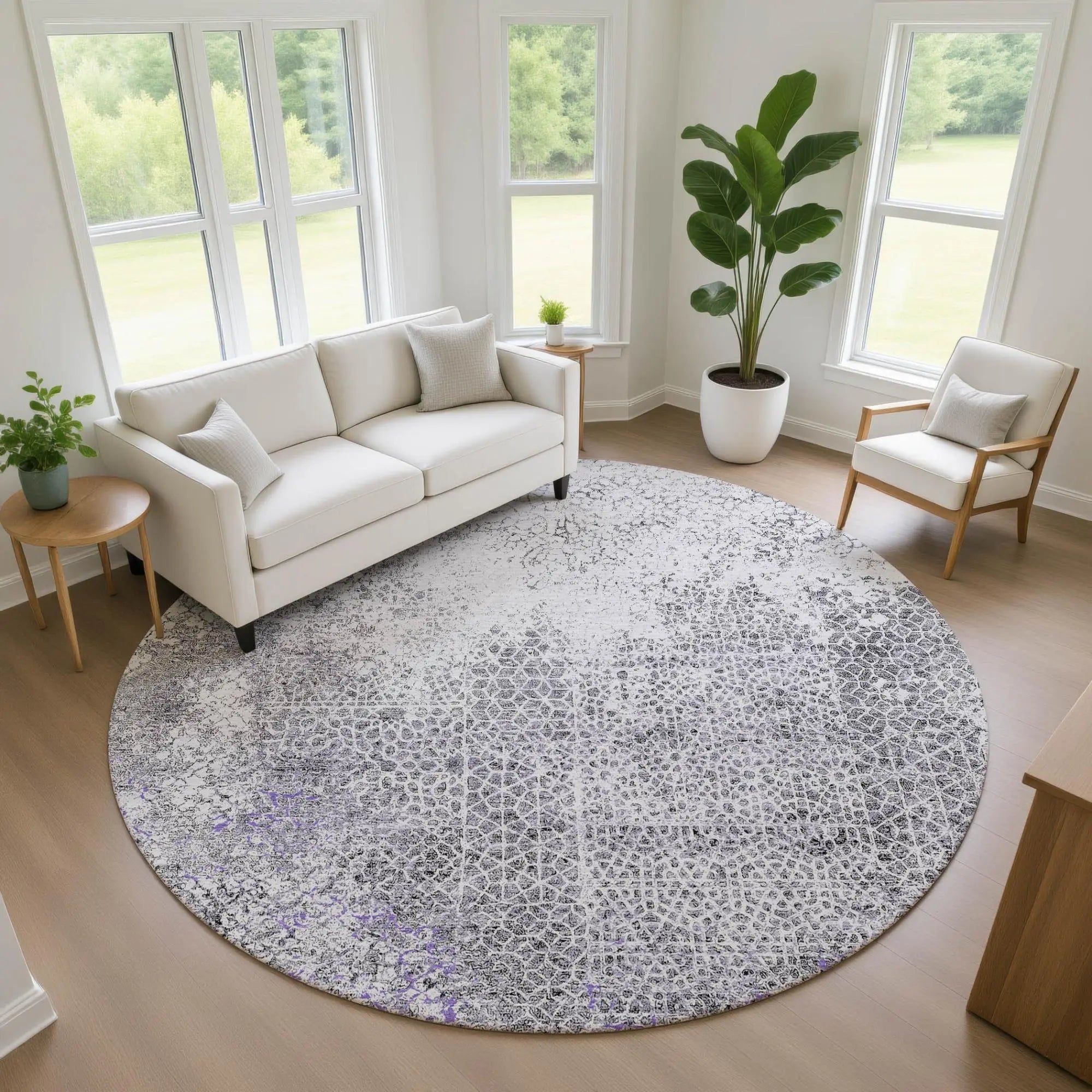 8' Purple And Pewter Round Abstract Washable Indoor Outdoor Area Rug Homeroots Outdoor