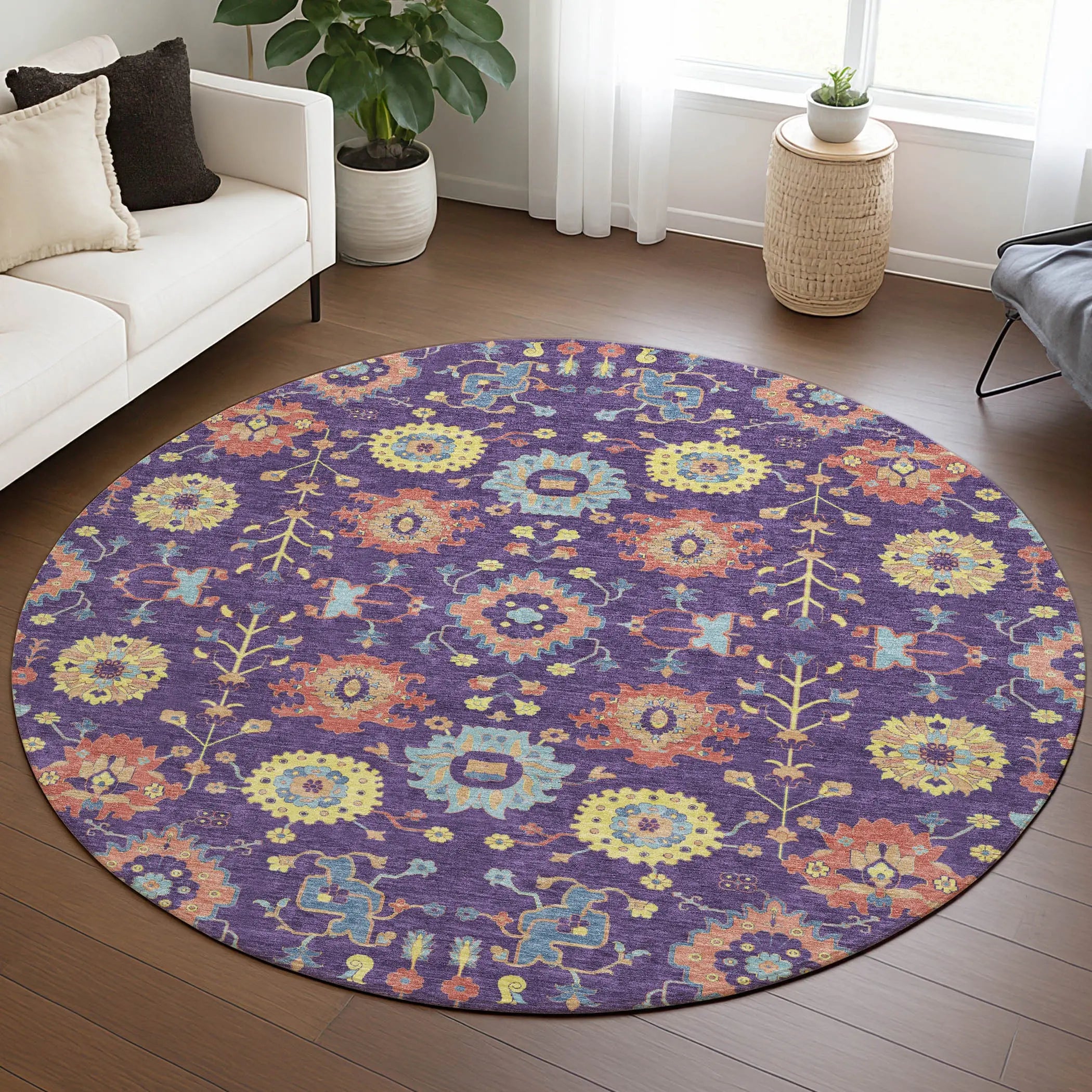 8' Purple And Plum Round Geometric Washable Indoor Outdoor Area Rug Homeroots Outdoor