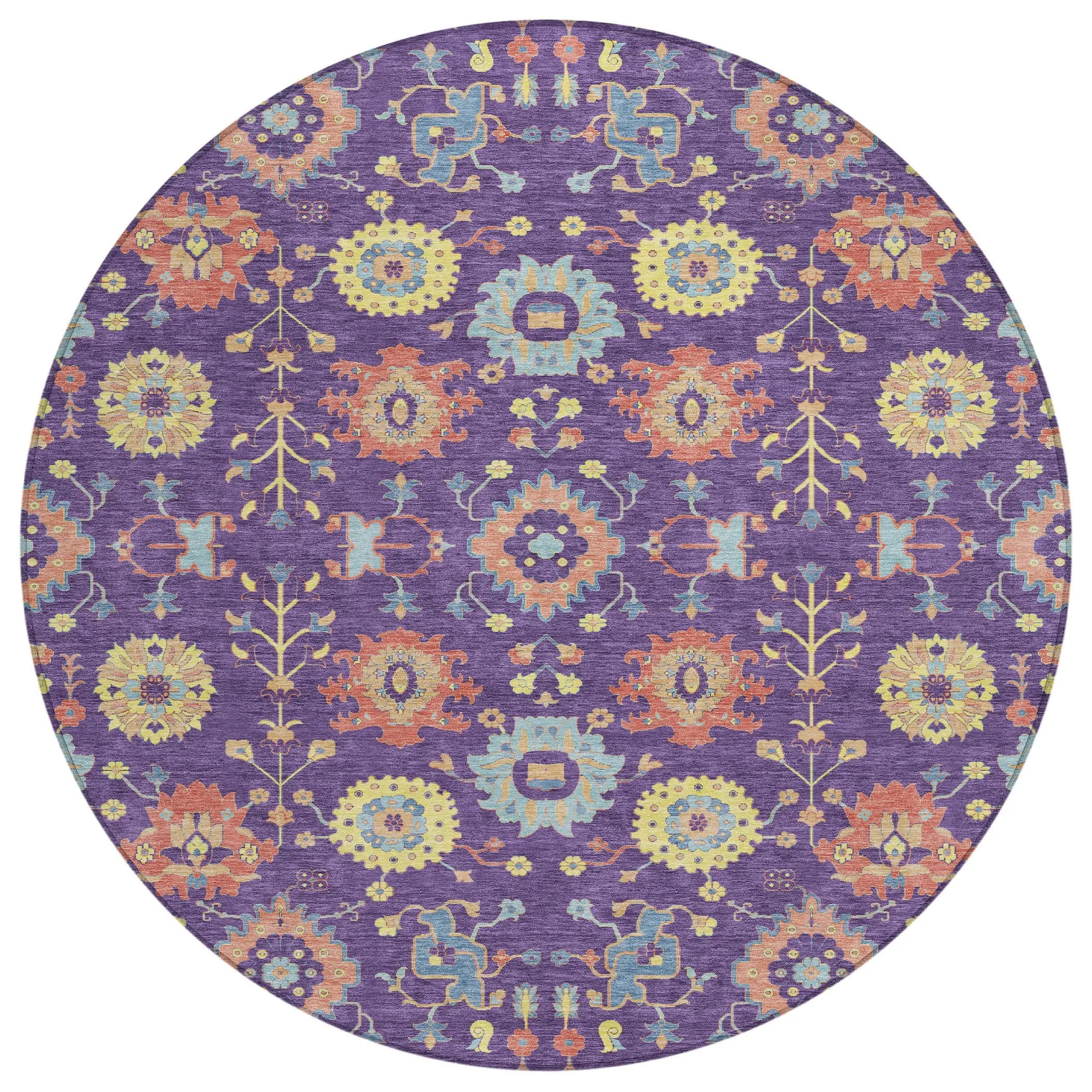 8' Purple And Plum Round Geometric Washable Indoor Outdoor Area Rug Homeroots Outdoor