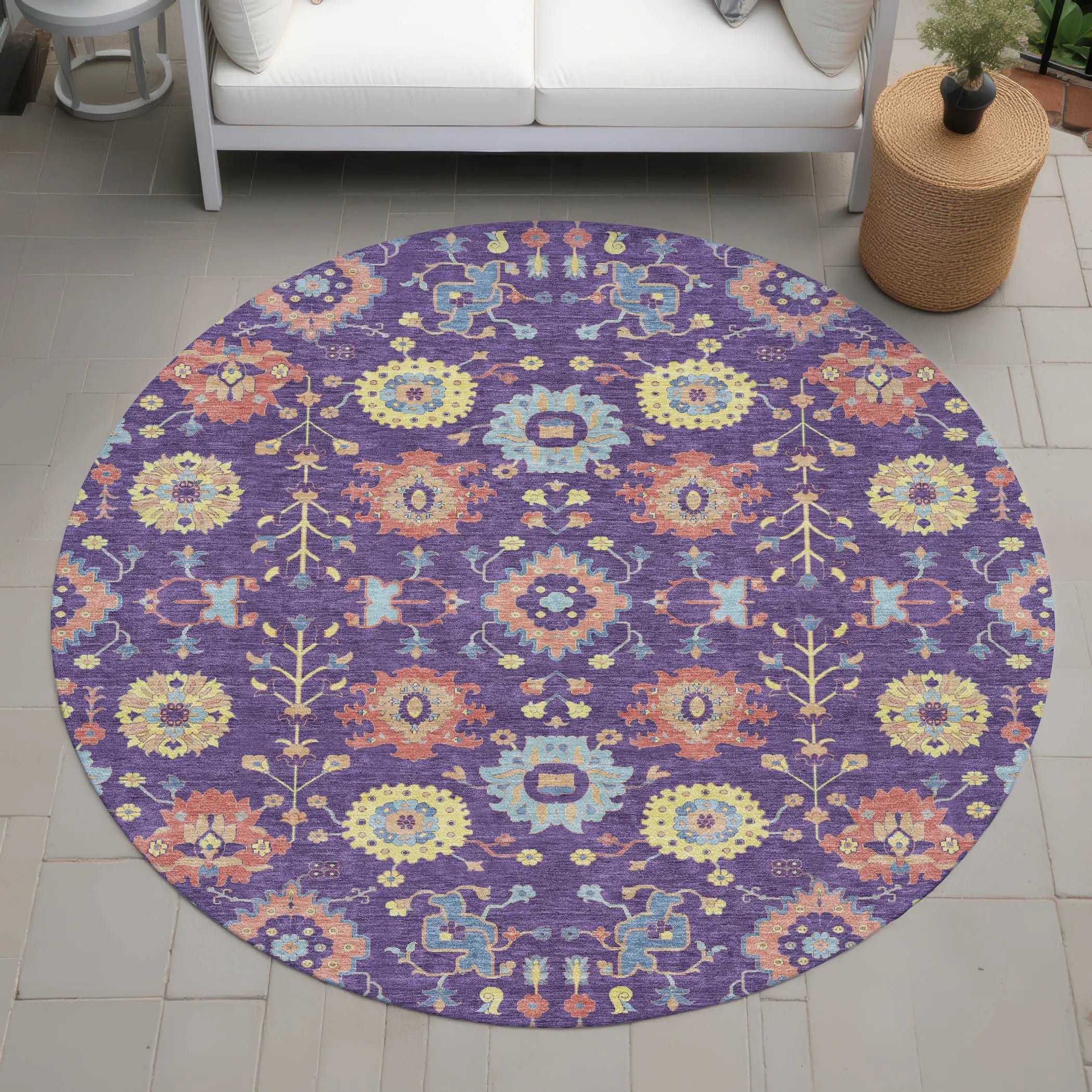 8' Purple And Plum Round Geometric Washable Indoor Outdoor Area Rug Homeroots Outdoor