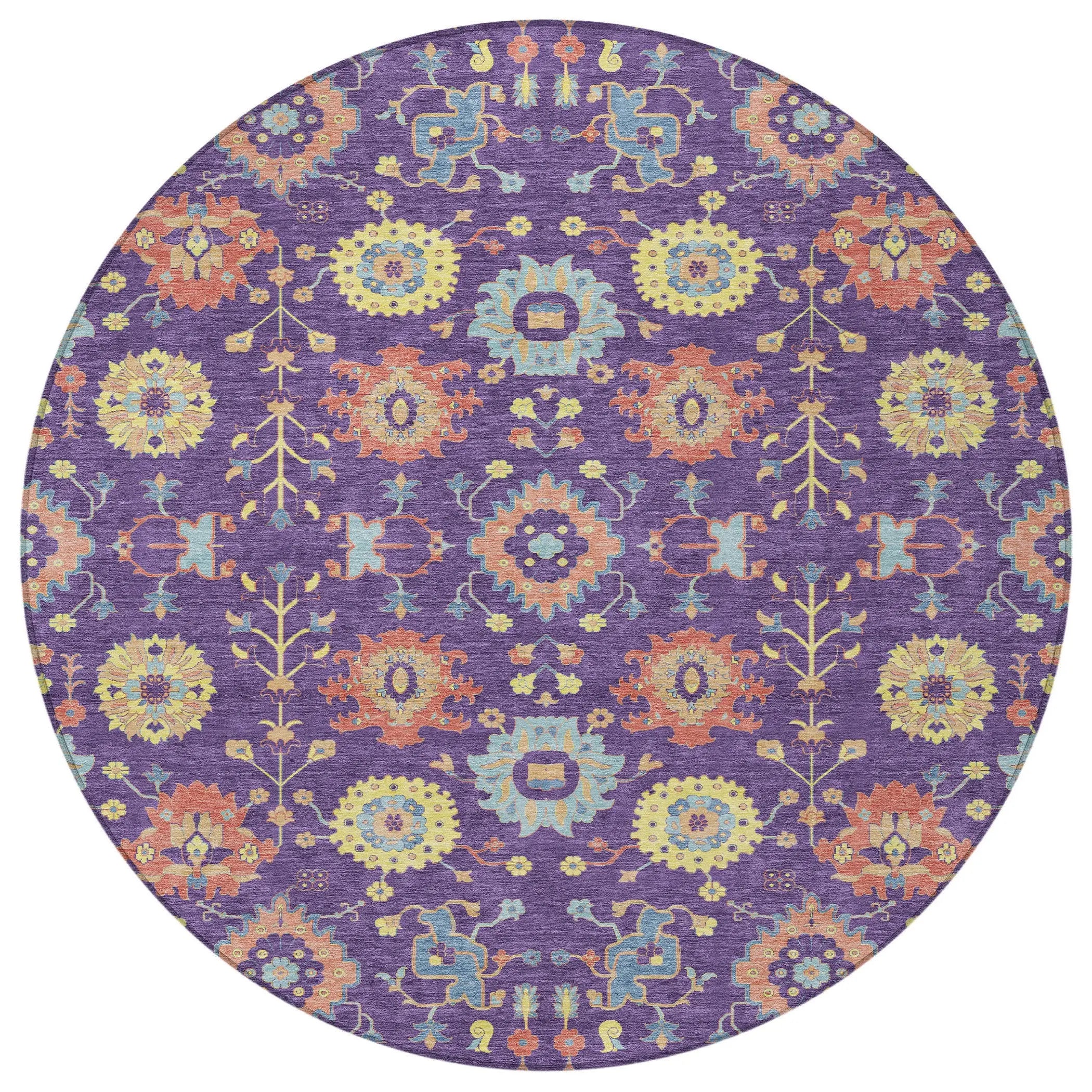8' Purple And Plum Round Geometric Washable Indoor Outdoor Area Rug Homeroots Outdoor