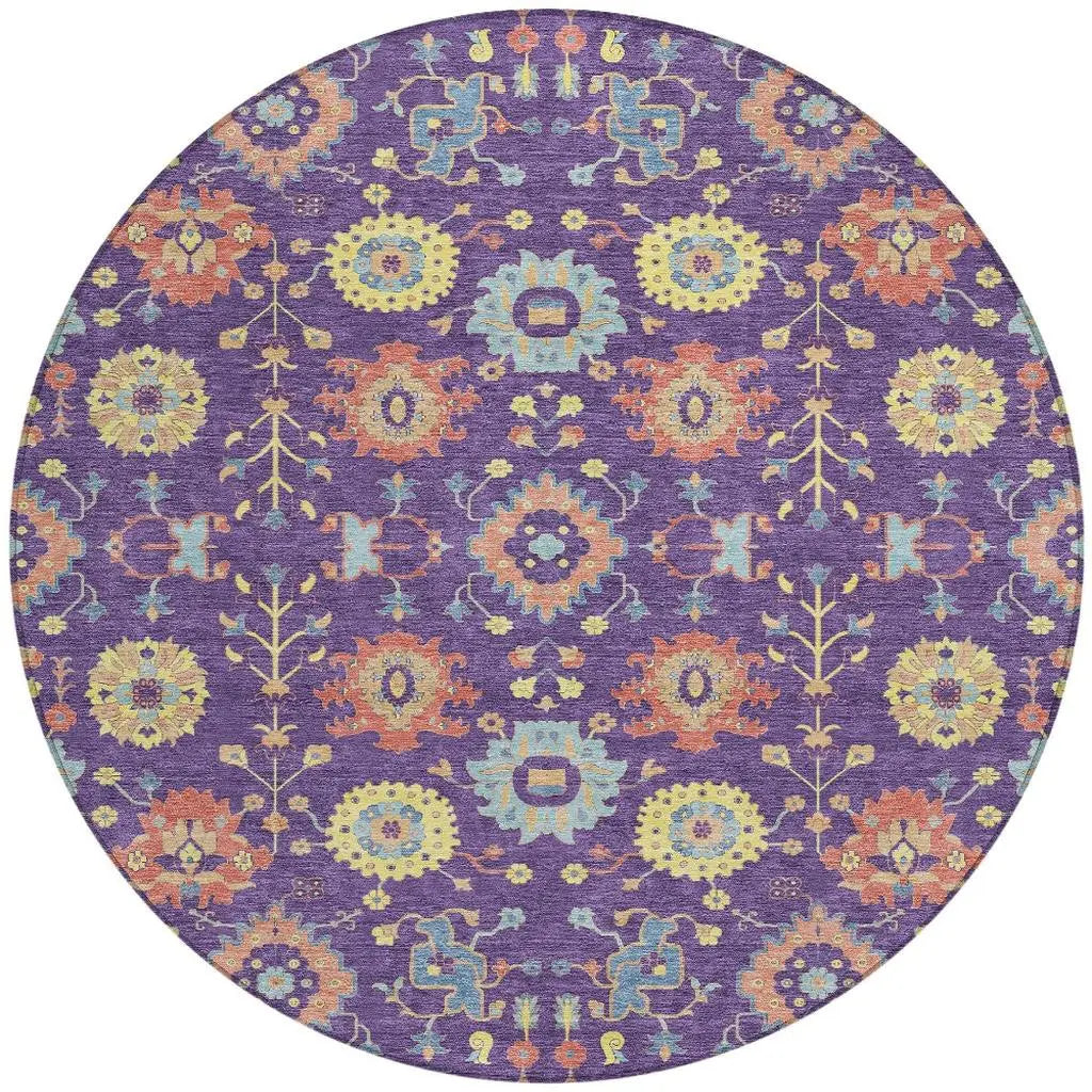 8' Purple And Plum Round Geometric Washable Indoor Outdoor Area Rug Homeroots Outdoor