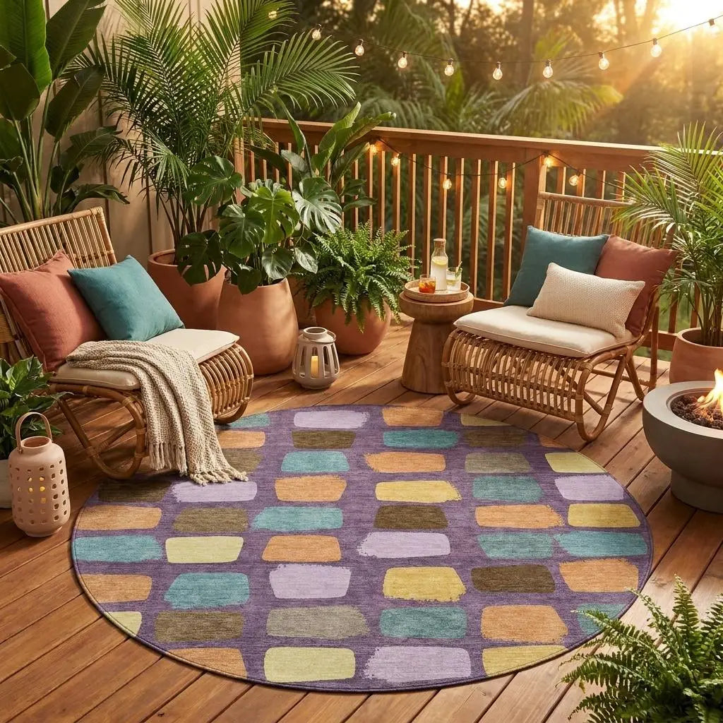 8' Purple And Plum Round Geometric Washable Indoor Outdoor Area Rug Homeroots Outdoor