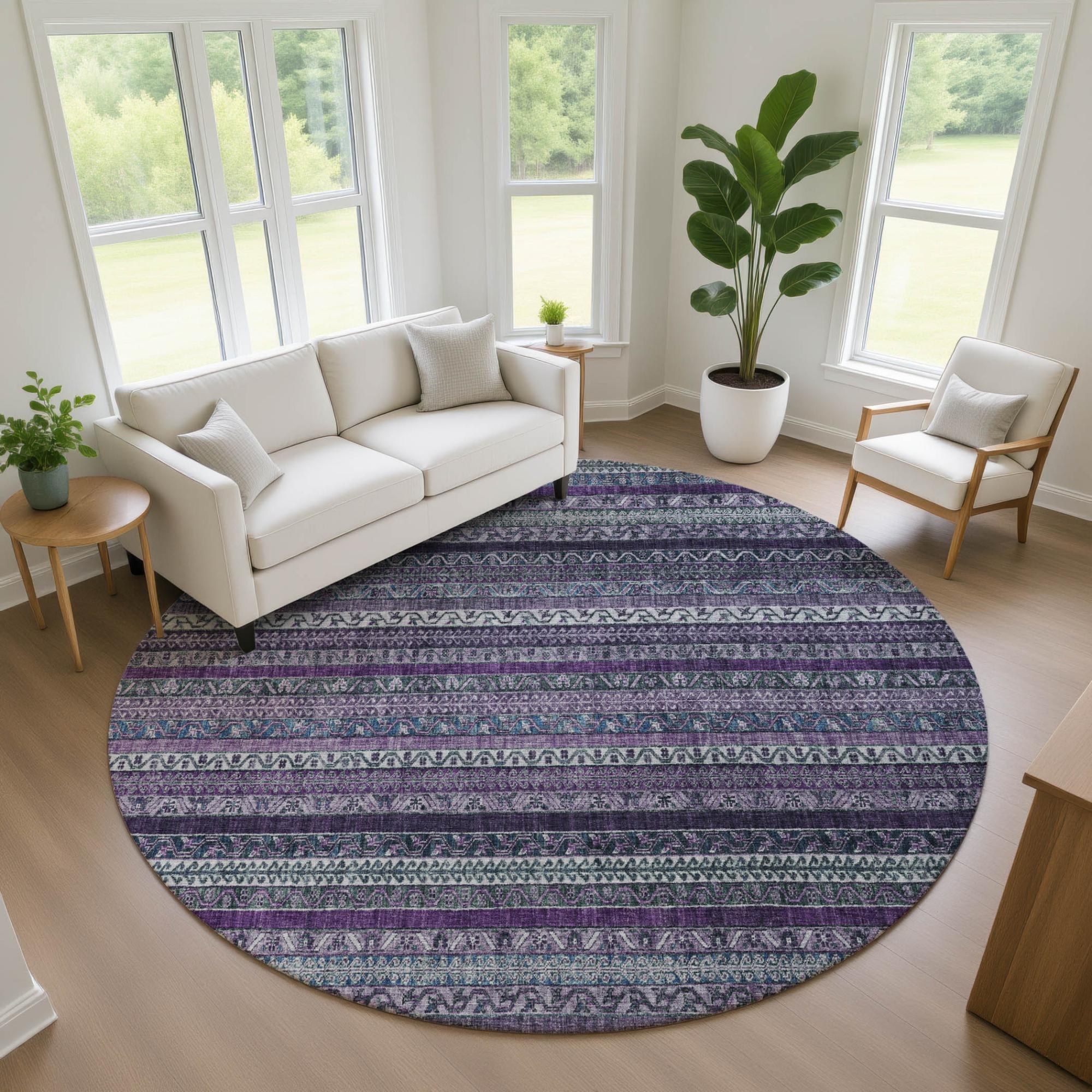 8' Purple And Plum Round Striped Washable Indoor Outdoor Area Rug Homeroots Outdoor