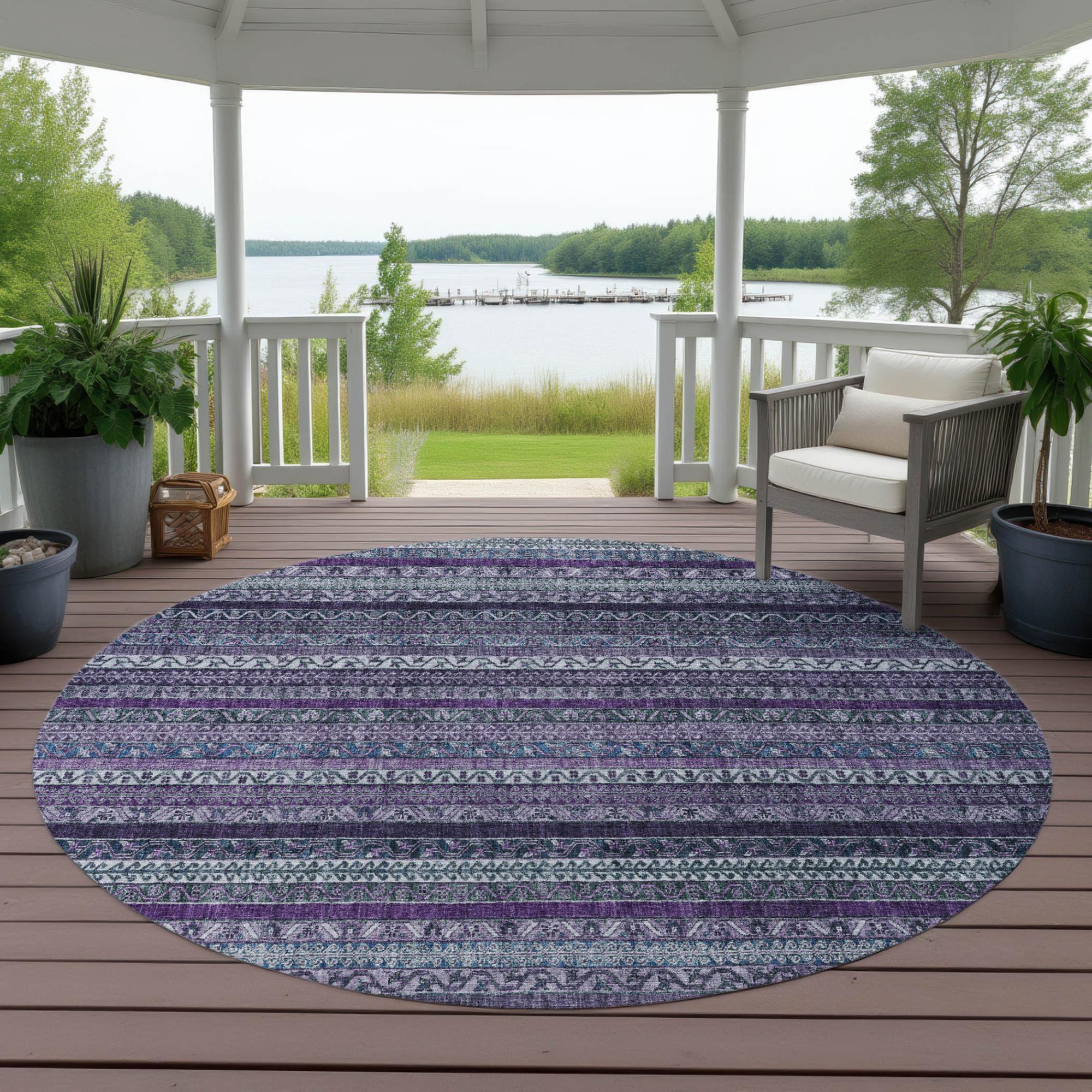 8' Purple And Plum Round Striped Washable Indoor Outdoor Area Rug Homeroots Outdoor