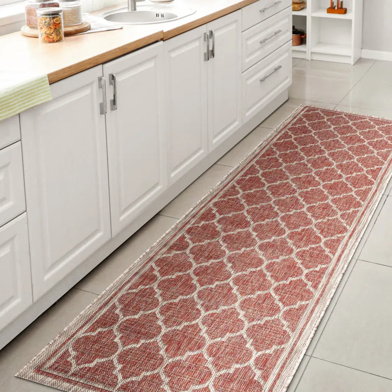 8' Red And Beige Geometric Indoor Outdoor Runner Rug Homeroots Outdoor