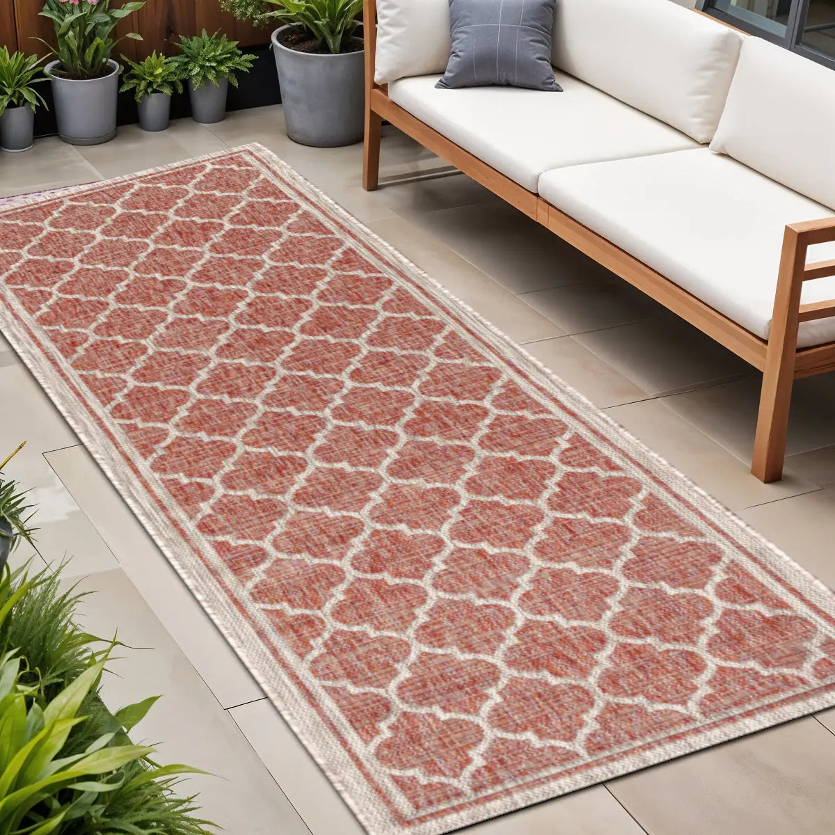 8' Red And Beige Geometric Indoor Outdoor Runner Rug Homeroots Outdoor