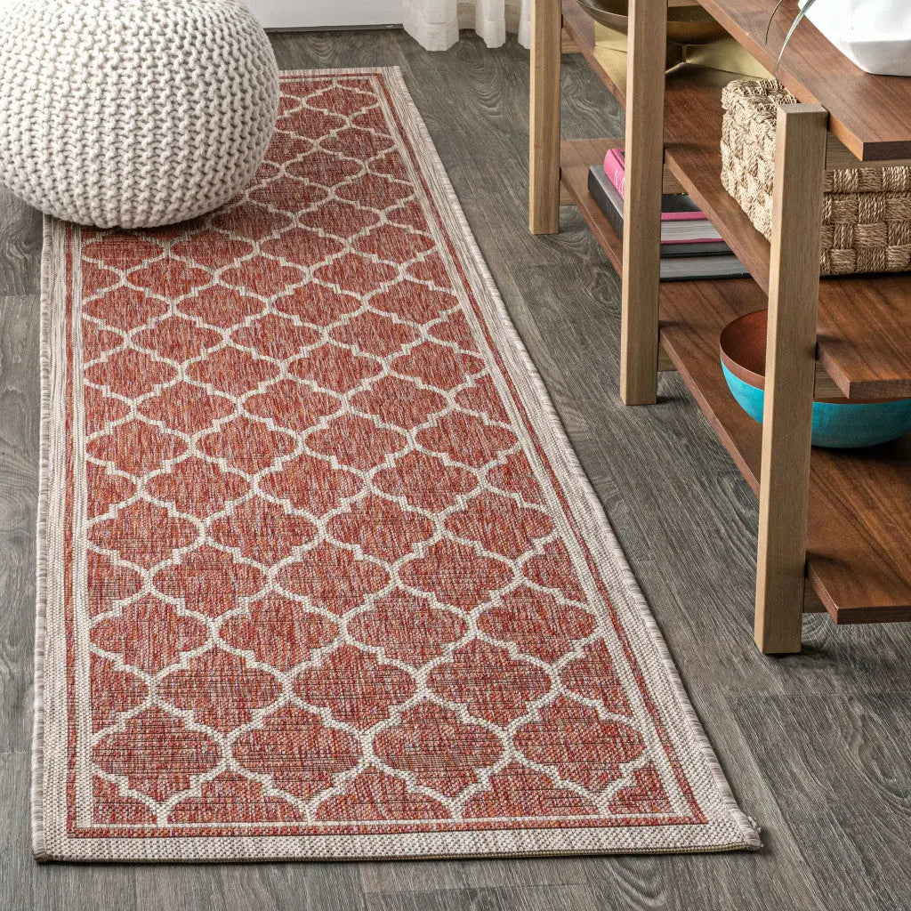 8' Red And Beige Geometric Indoor Outdoor Runner Rug Homeroots Outdoor