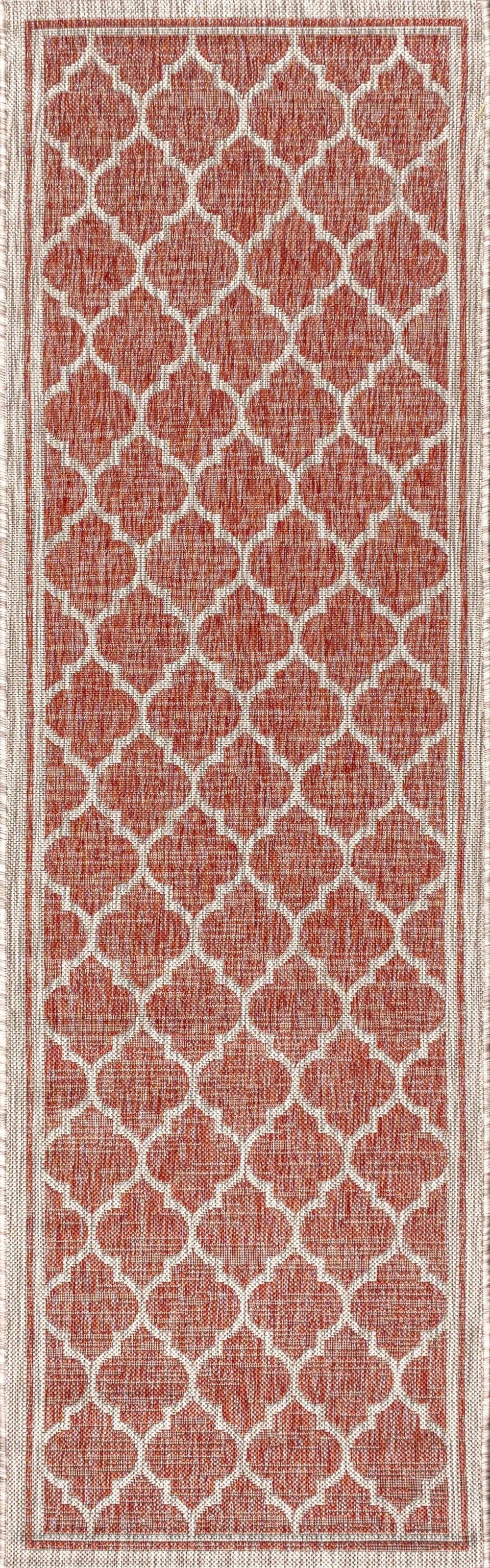8' Red And Beige Geometric Indoor Outdoor Runner Rug Homeroots Outdoor