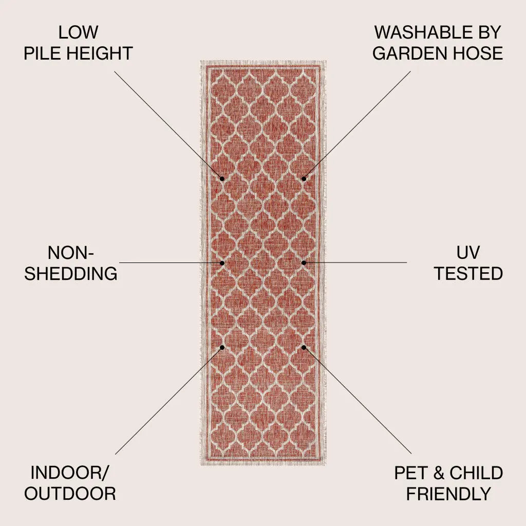 8' Red And Beige Geometric Indoor Outdoor Runner Rug Homeroots Outdoor