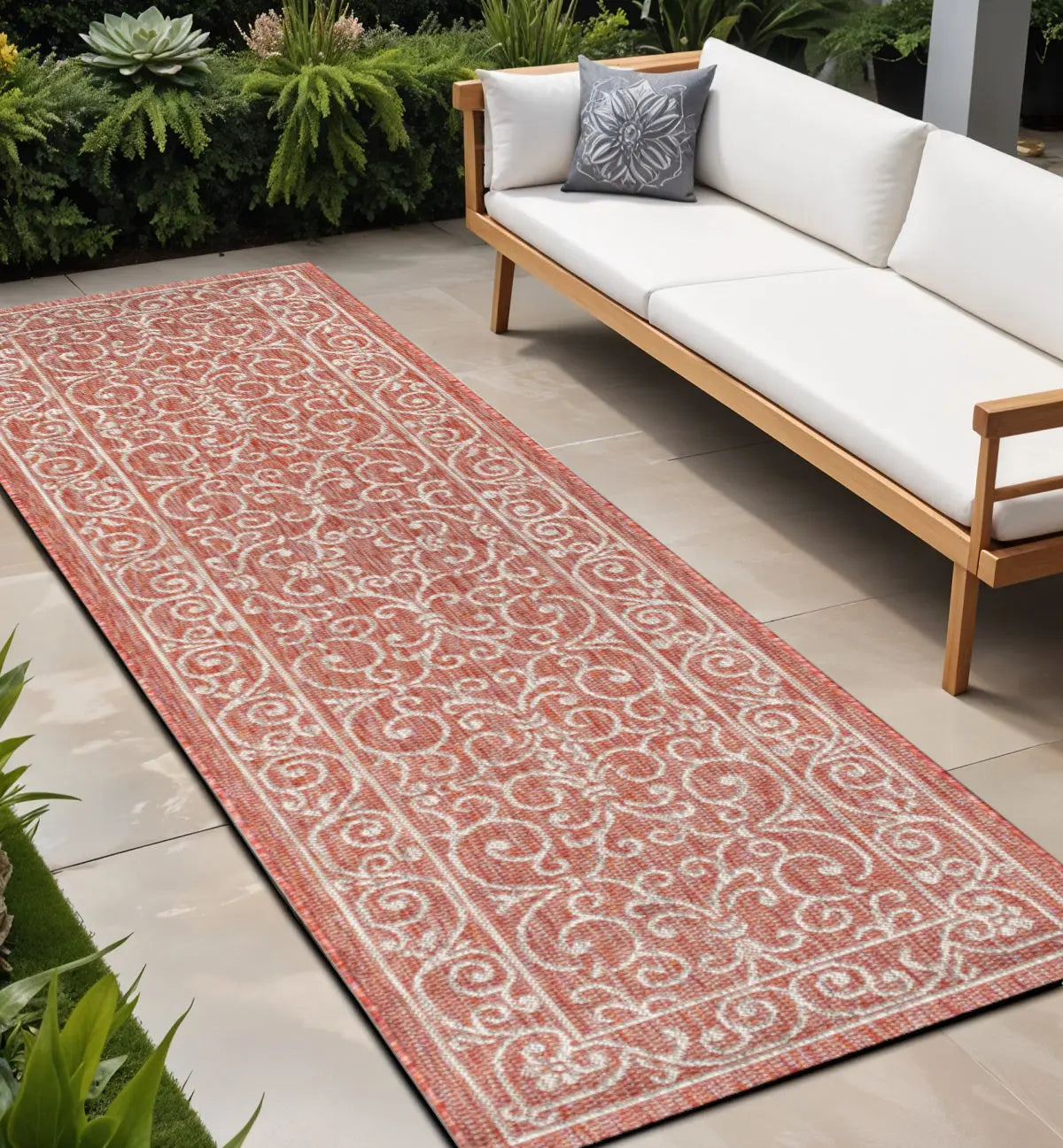 8' Red And Beige Medallion Indoor Outdoor Runner Rug Homeroots Outdoor