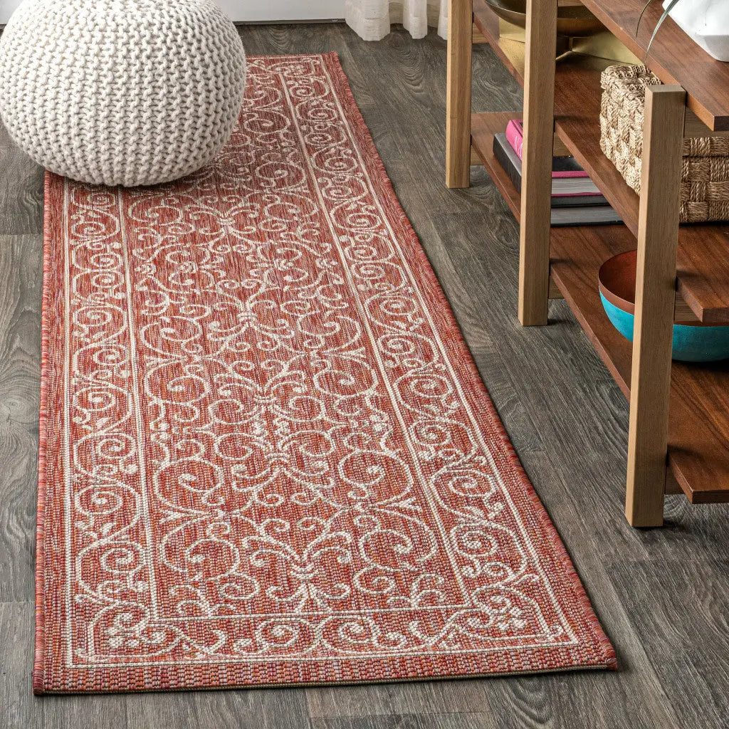 8' Red And Beige Medallion Indoor Outdoor Runner Rug Homeroots Outdoor