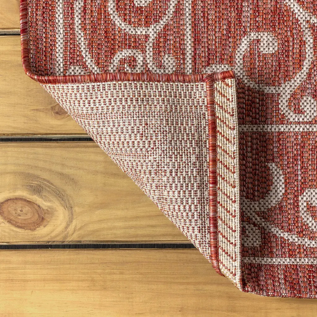 8' Red And Beige Round Medallion Indoor Outdoor Area Rug Homeroots Outdoor