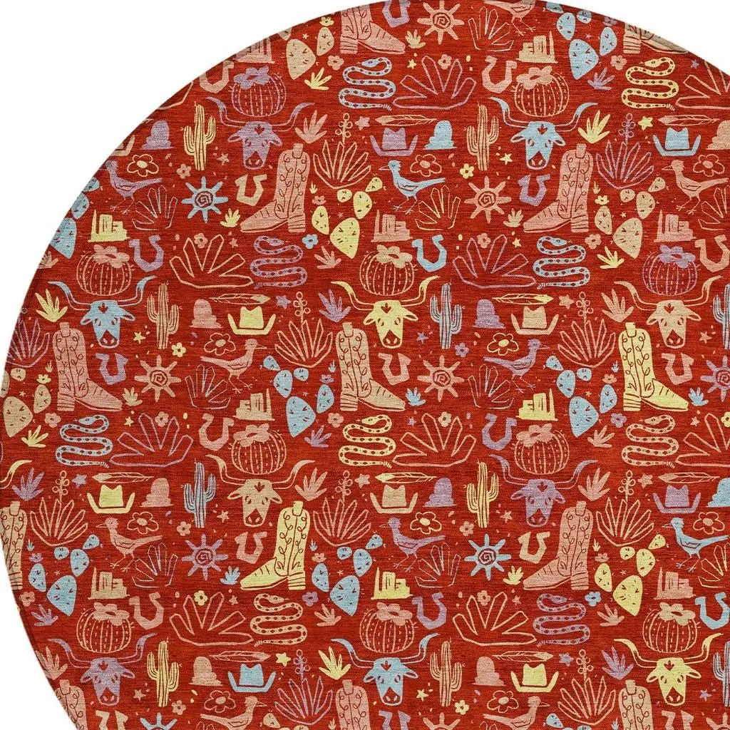8' Red And Coral Round Stars Washable Indoor Outdoor Area Rug Homeroots Outdoor