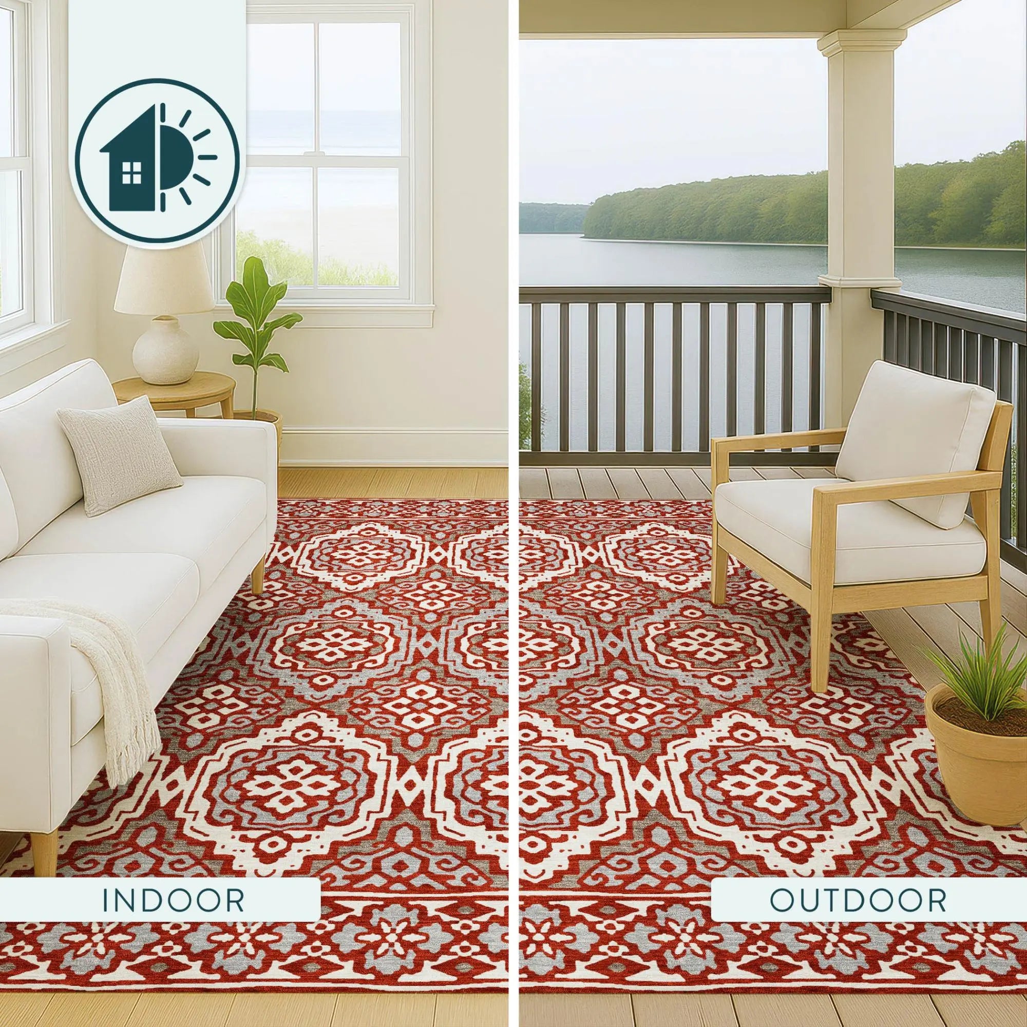 8' Red And Denim Blue Round Tribal Washable Indoor Outdoor Area Rug Homeroots Outdoor
