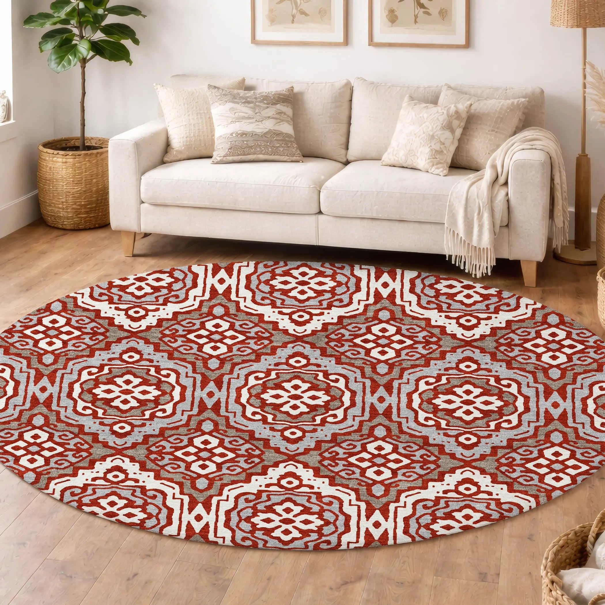 8' Red And Denim Blue Round Tribal Washable Indoor Outdoor Area Rug Homeroots Outdoor