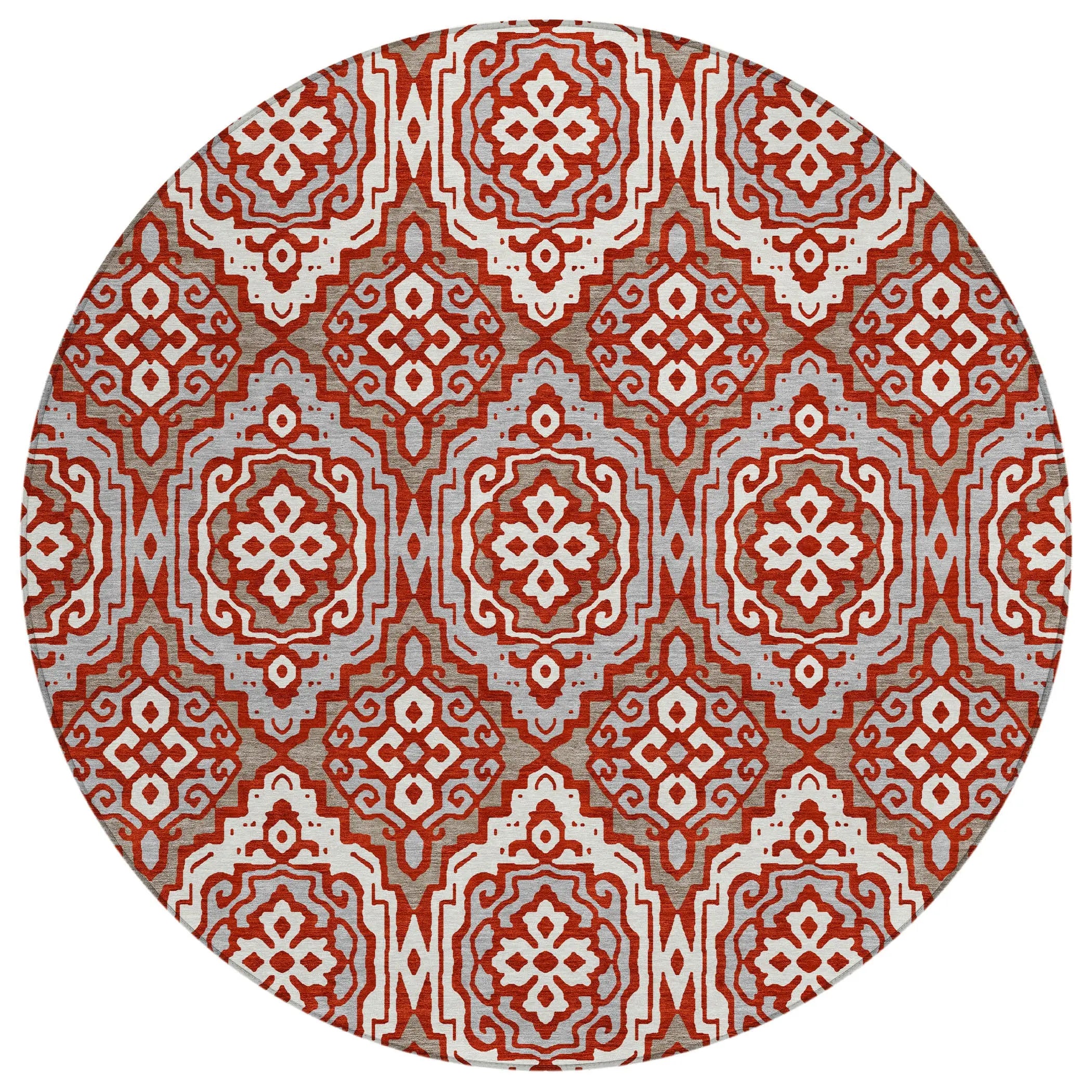 8' Red And Denim Blue Round Tribal Washable Indoor Outdoor Area Rug Homeroots Outdoor