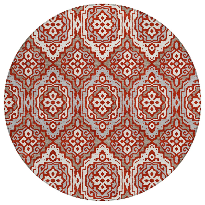 8' Red And Denim Blue Round Tribal Washable Indoor Outdoor Area Rug Homeroots Outdoor