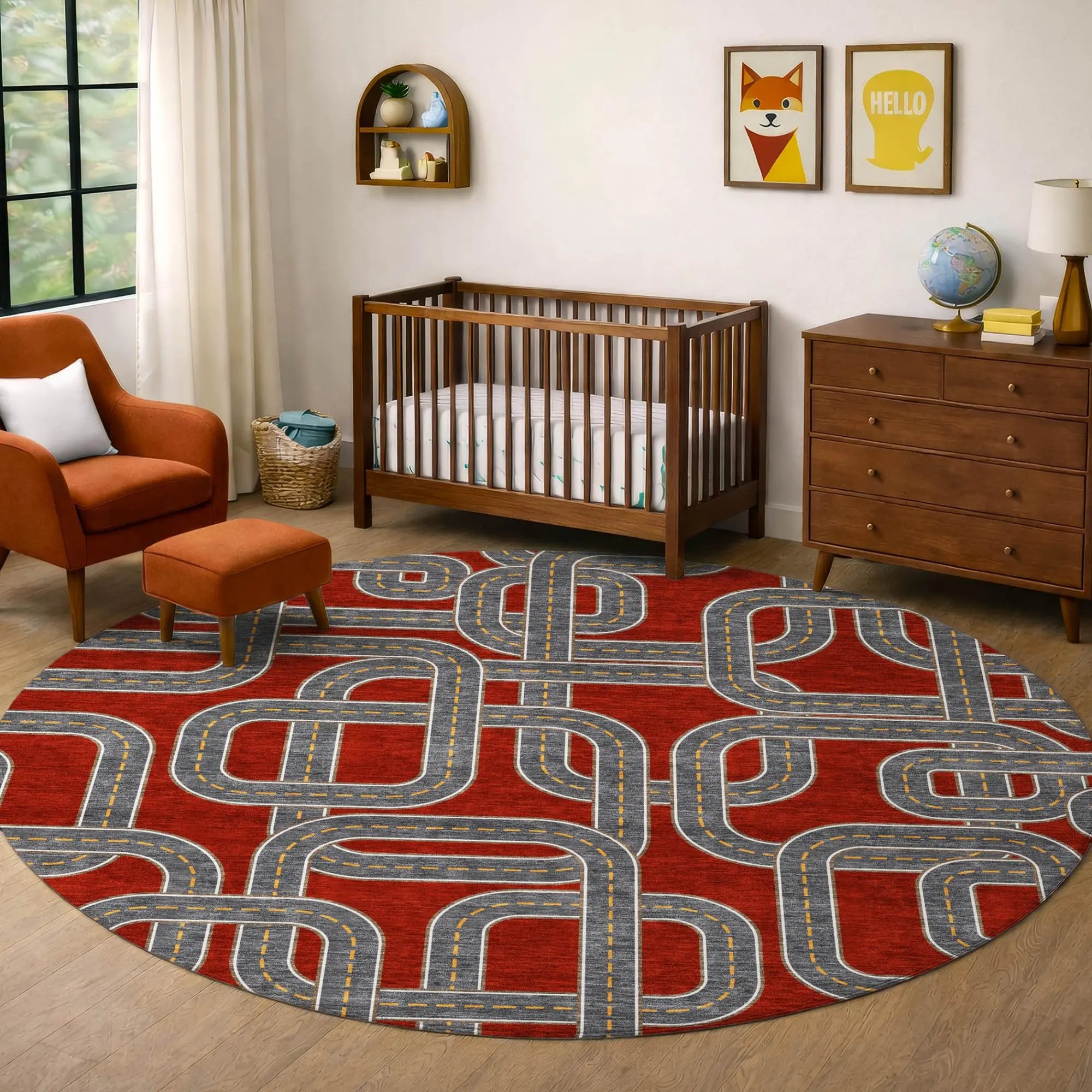 8' Red And Gray Round Geometric Washable Indoor Outdoor Area Rug Homeroots Outdoor