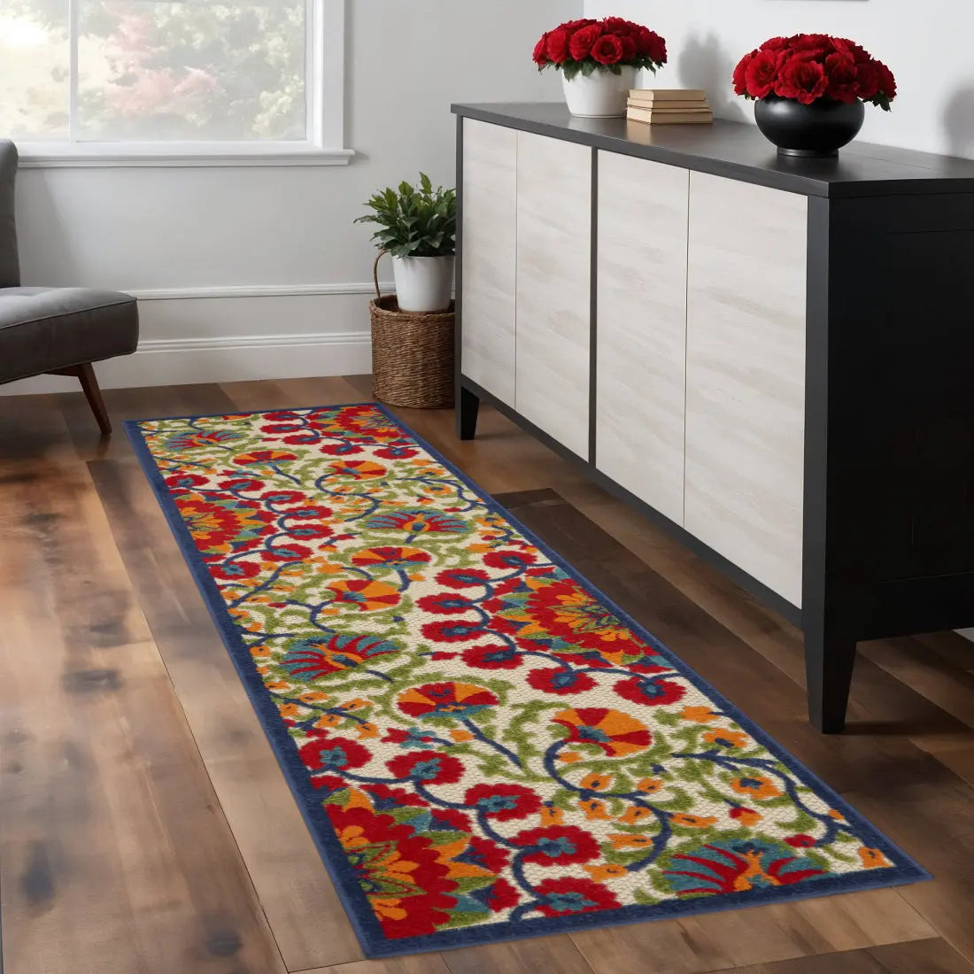 8' Red And Ivory Floral Indoor Outdoor Area Rug - GreatEagleInc