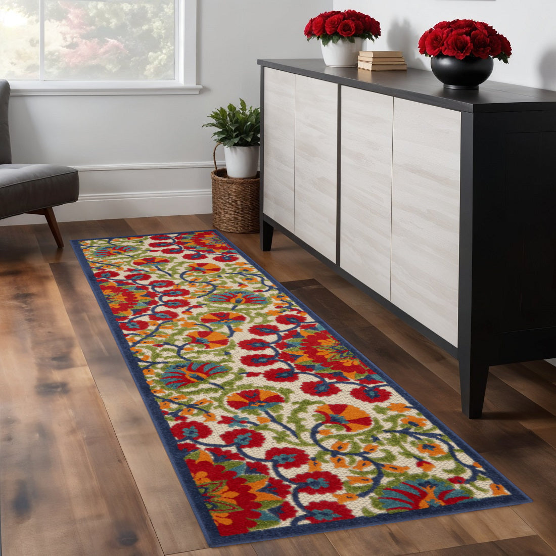 8' Red And Ivory Floral Indoor Outdoor Area Rug - GreatEagleInc