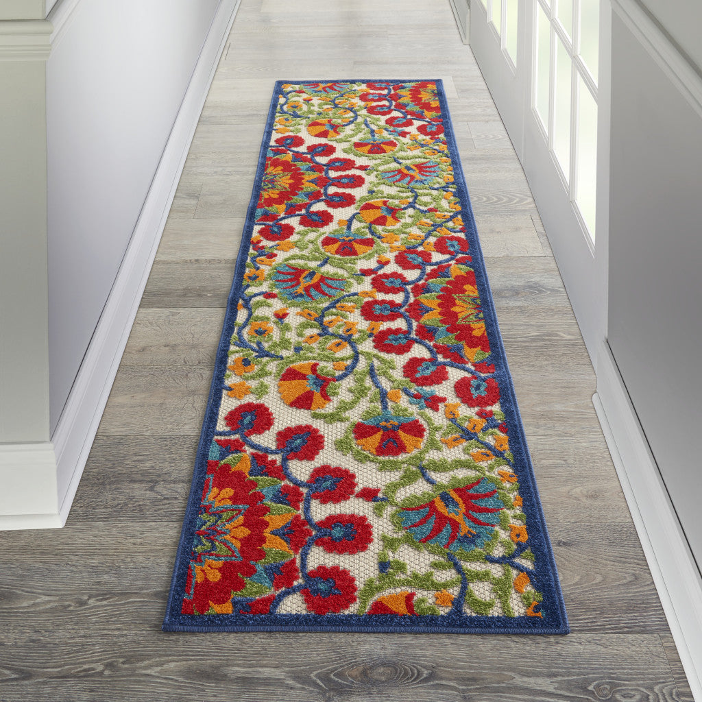 8' Red And Ivory Floral Indoor Outdoor Area Rug - GreatEagleInc