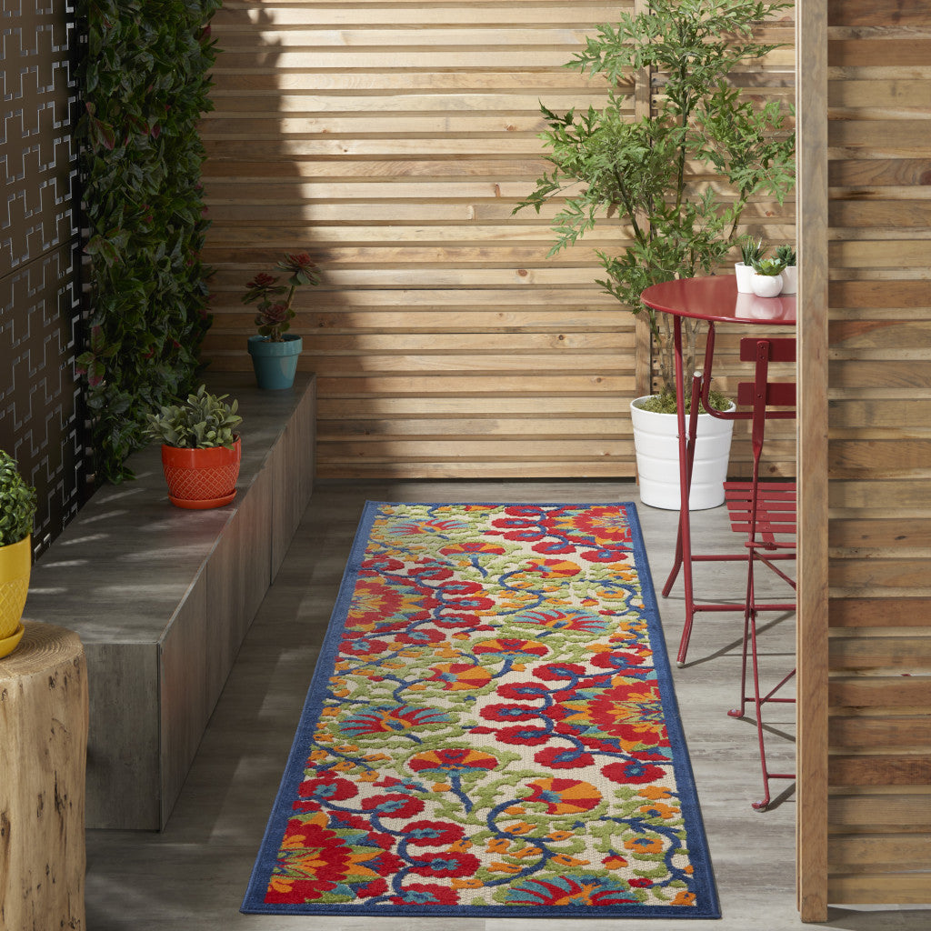 8' Red And Ivory Floral Indoor Outdoor Area Rug - GreatEagleInc