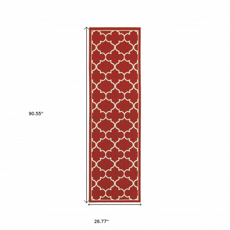 8' Red And Ivory Indoor Outdoor Runner Rug Homeroots Outdoor