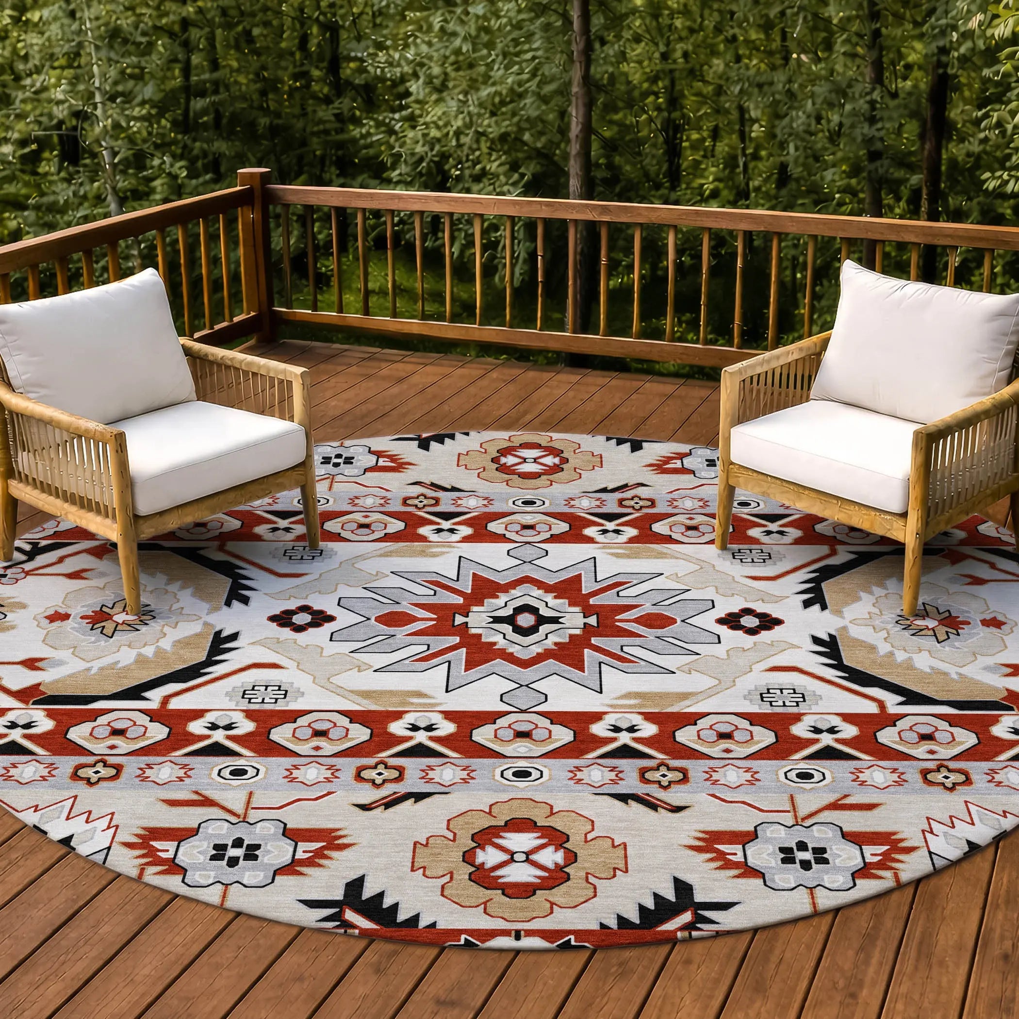 8' Red And Ivory Round Cactus Washable Indoor Outdoor Area Rug Homeroots Outdoor