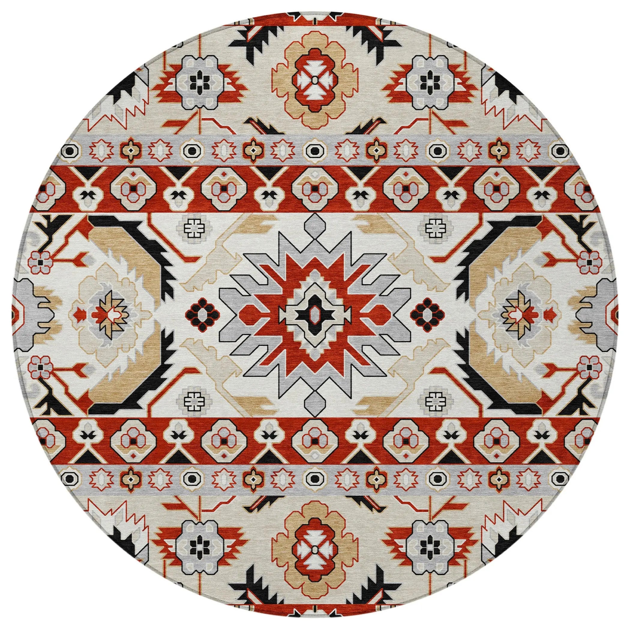 8' Red And Ivory Round Cactus Washable Indoor Outdoor Area Rug Homeroots Outdoor