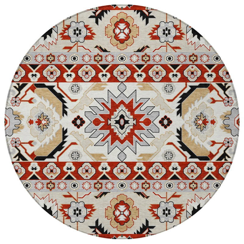 8' Red And Ivory Round Cactus Washable Indoor Outdoor Area Rug Homeroots Outdoor