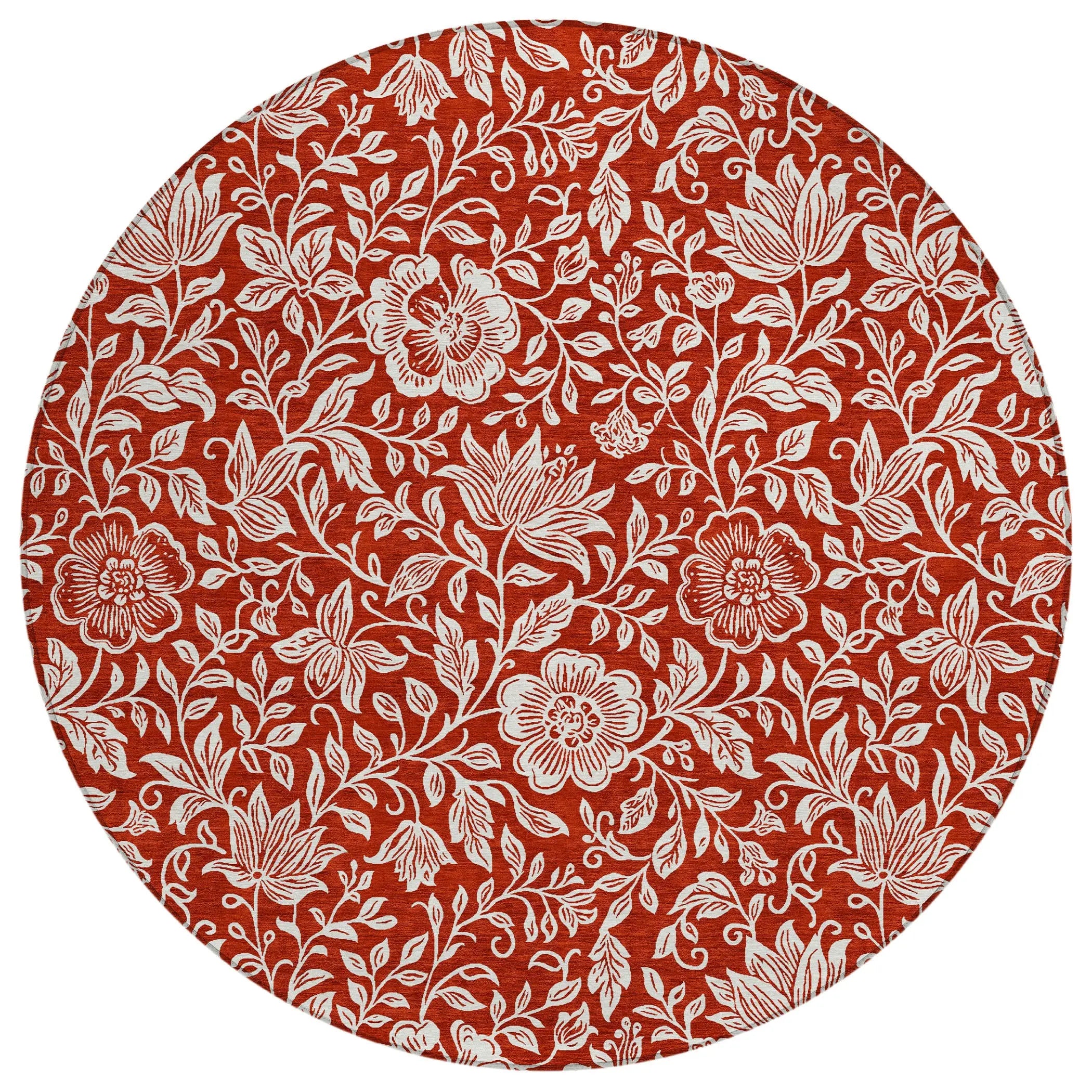 8' Red And Ivory Round Floral Washable Indoor Outdoor Area Rug Homeroots Outdoor