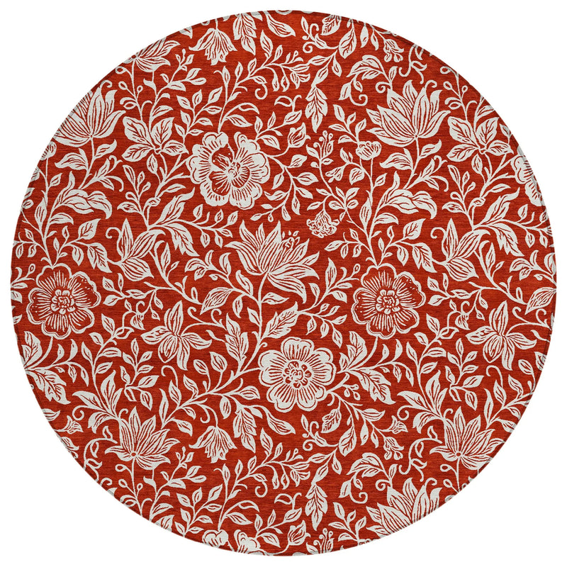 8' Red And Ivory Round Floral Washable Indoor Outdoor Area Rug Homeroots Outdoor