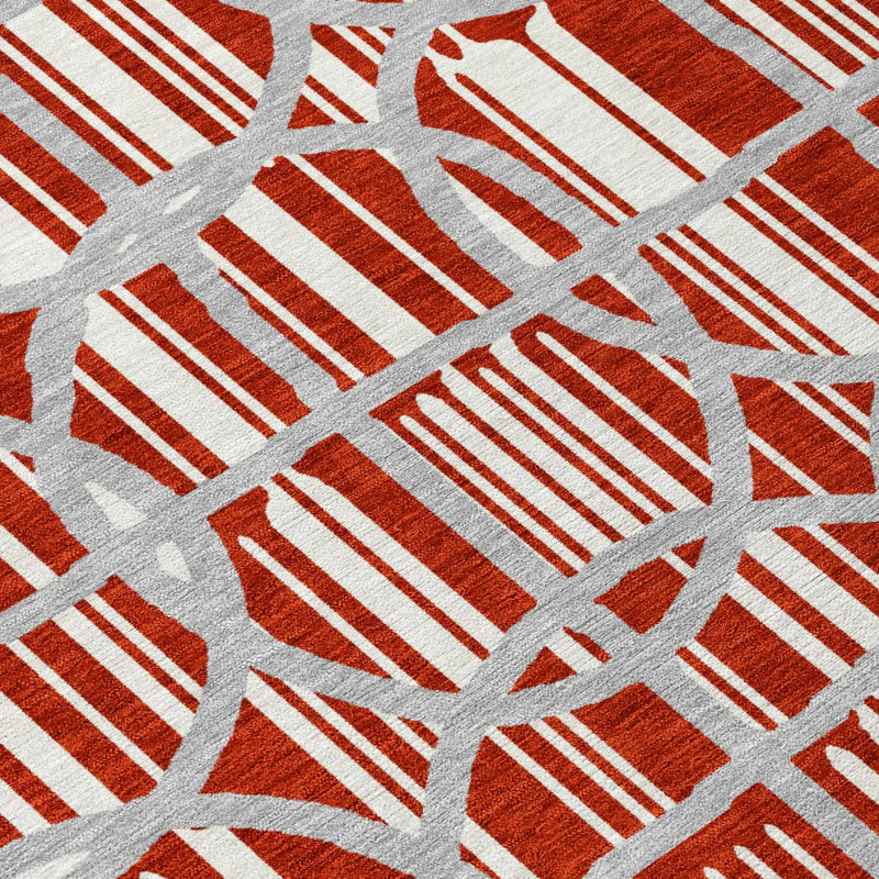 8' Red And Ivory Round Geometric Washable Indoor Outdoor Area Rug Homeroots Outdoor