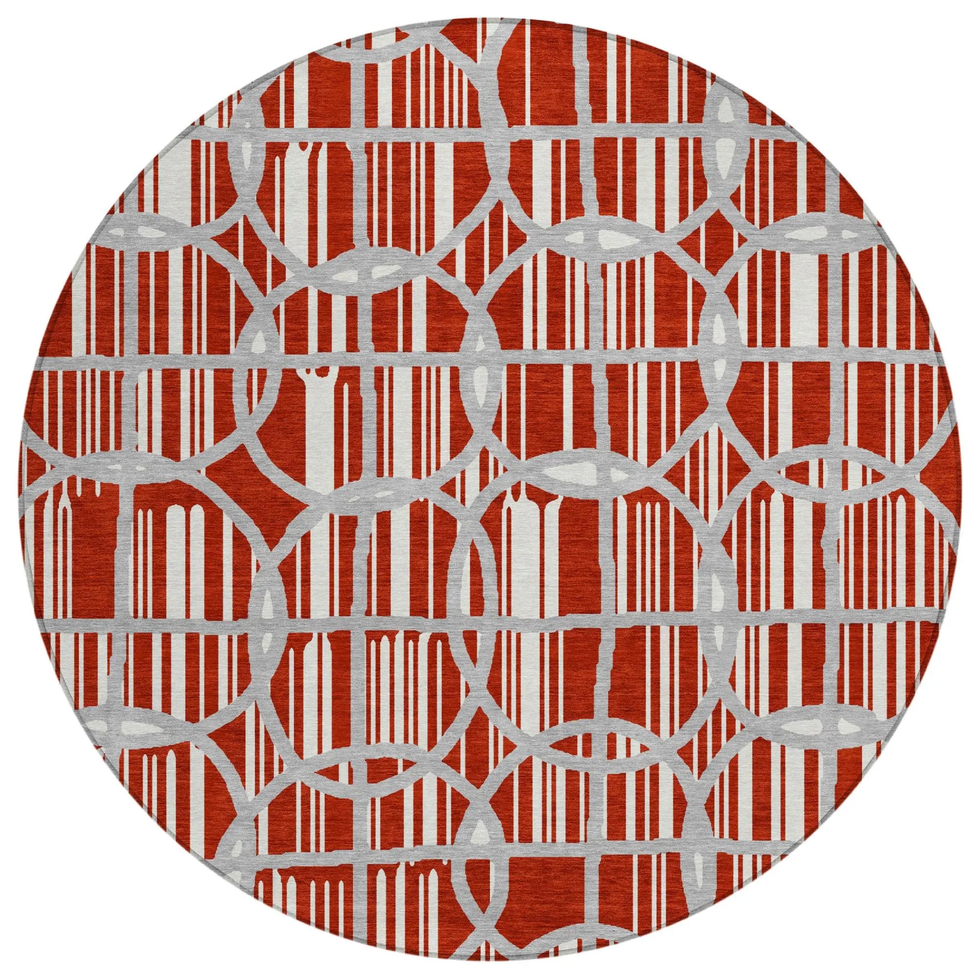 8' Red And Ivory Round Geometric Washable Indoor Outdoor Area Rug Homeroots Outdoor