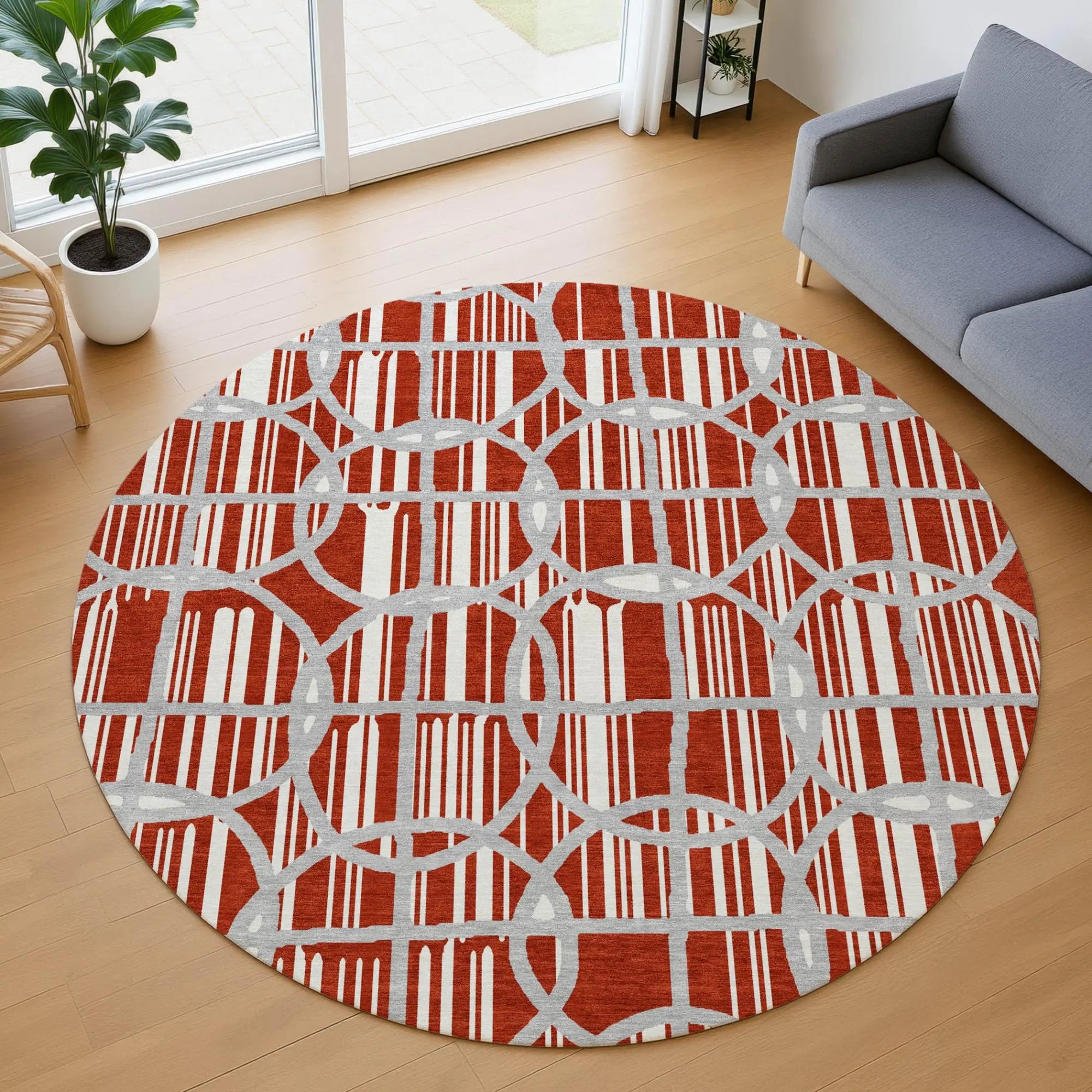 8' Red And Ivory Round Geometric Washable Indoor Outdoor Area Rug Homeroots Outdoor