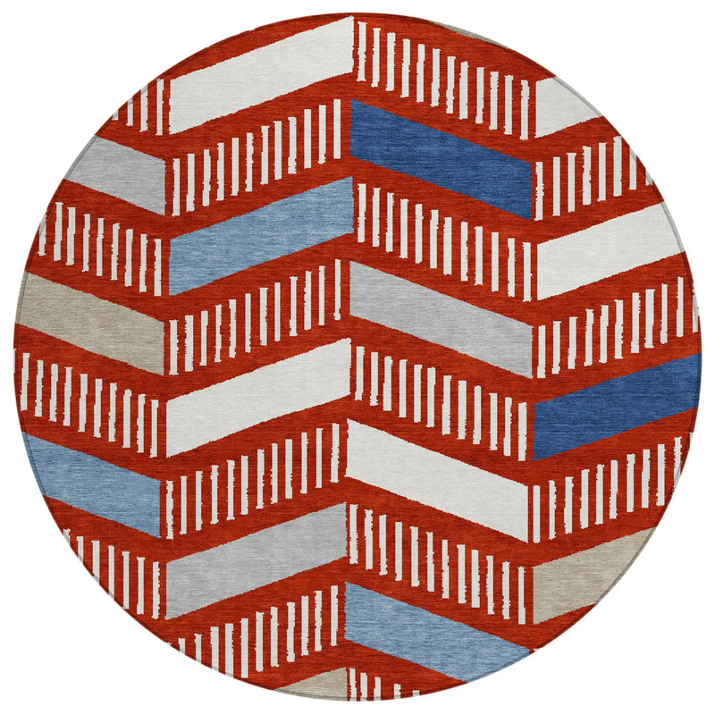 8' Red And Ivory Round Geometric Washable Indoor Outdoor Area Rug Homeroots Outdoor