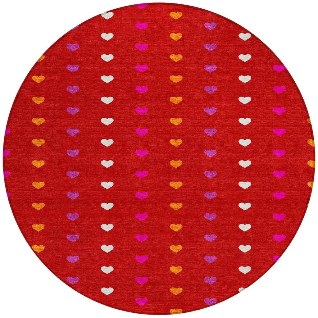 8' Red And Ivory Round Geometric Washable Indoor Outdoor Area Rug Homeroots Outdoor