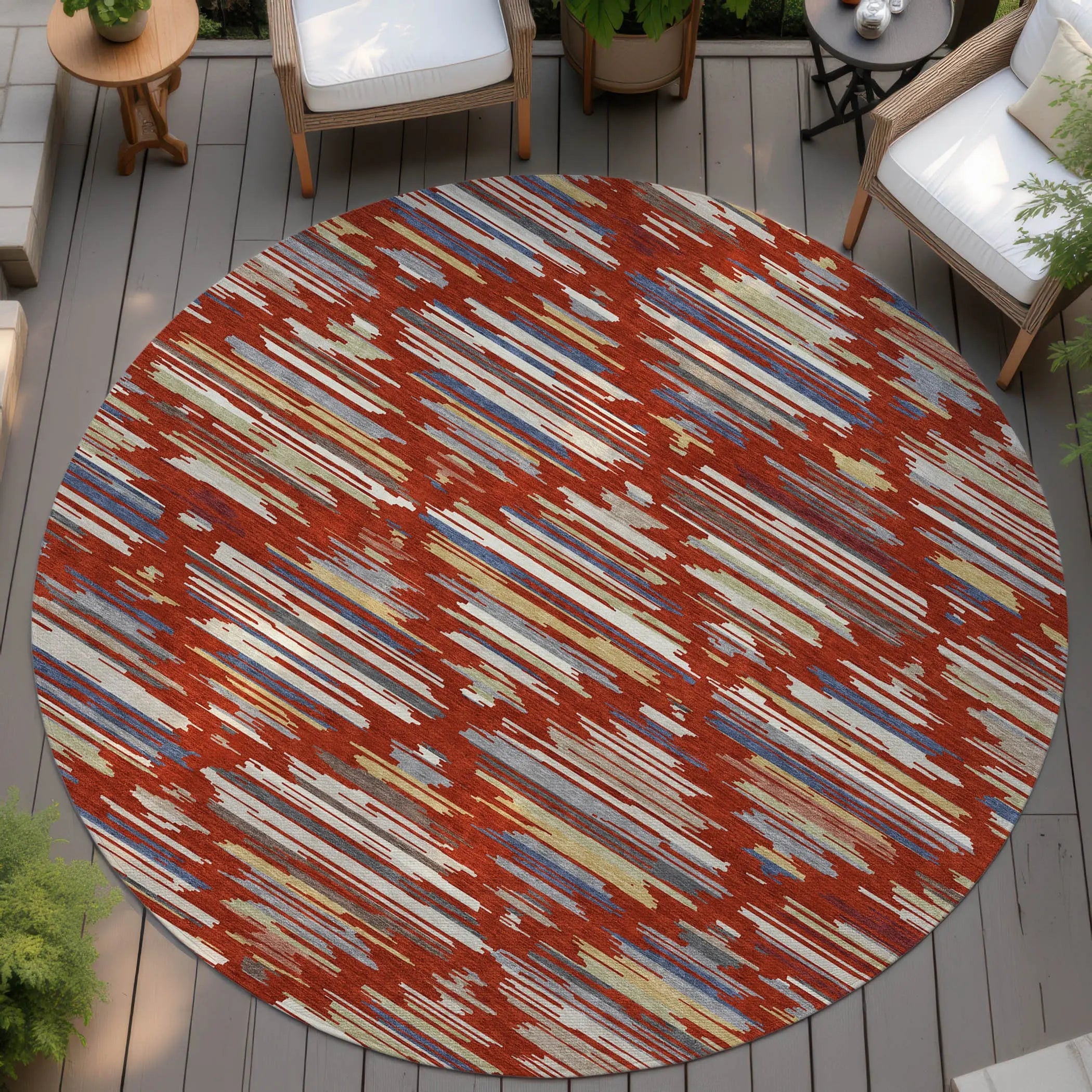8' Red And Ivory Round Southwestern Washable Indoor Outdoor Area Rug Homeroots Outdoor