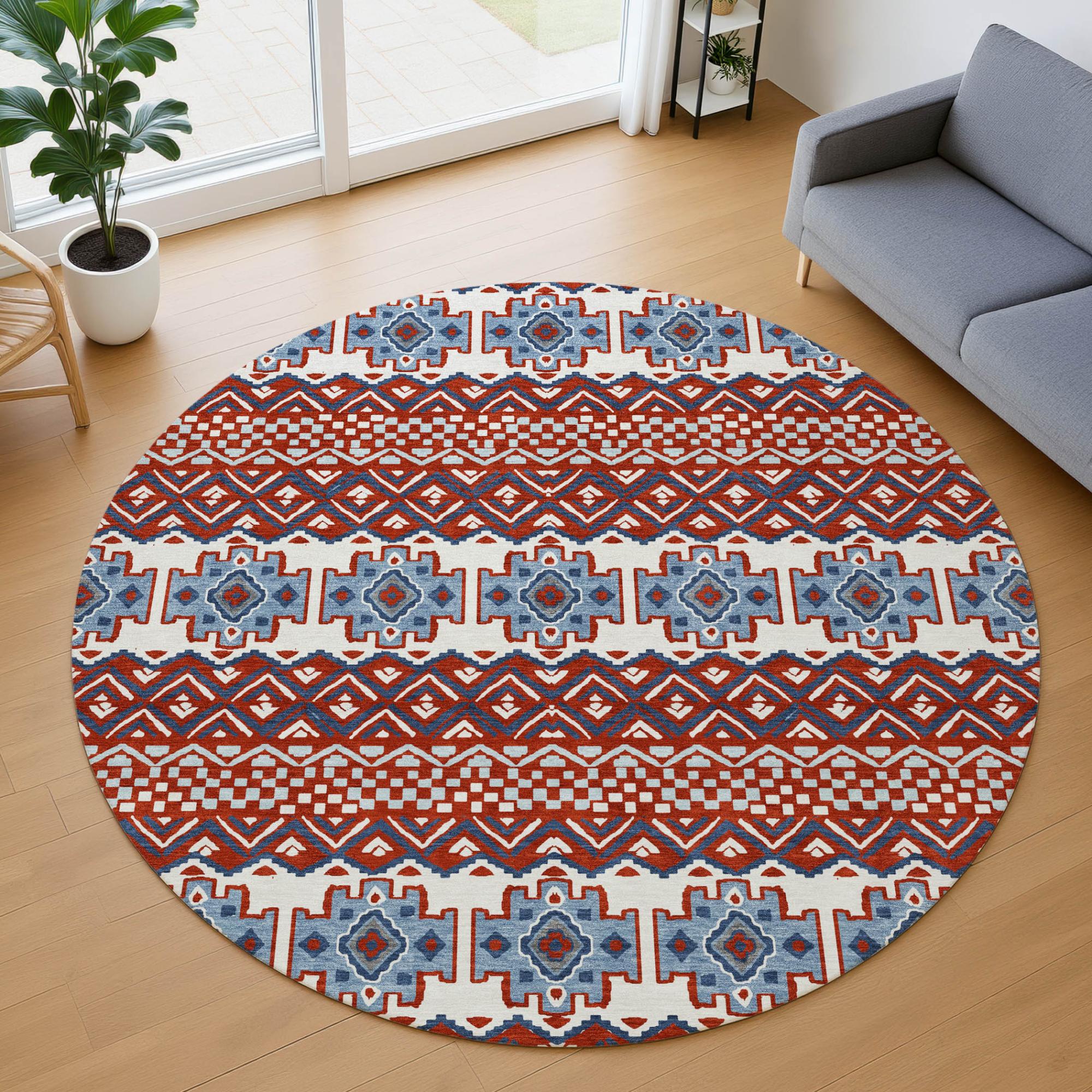 8' Red And Ivory Round Striped Washable Indoor Outdoor Area Rug Homeroots Outdoor