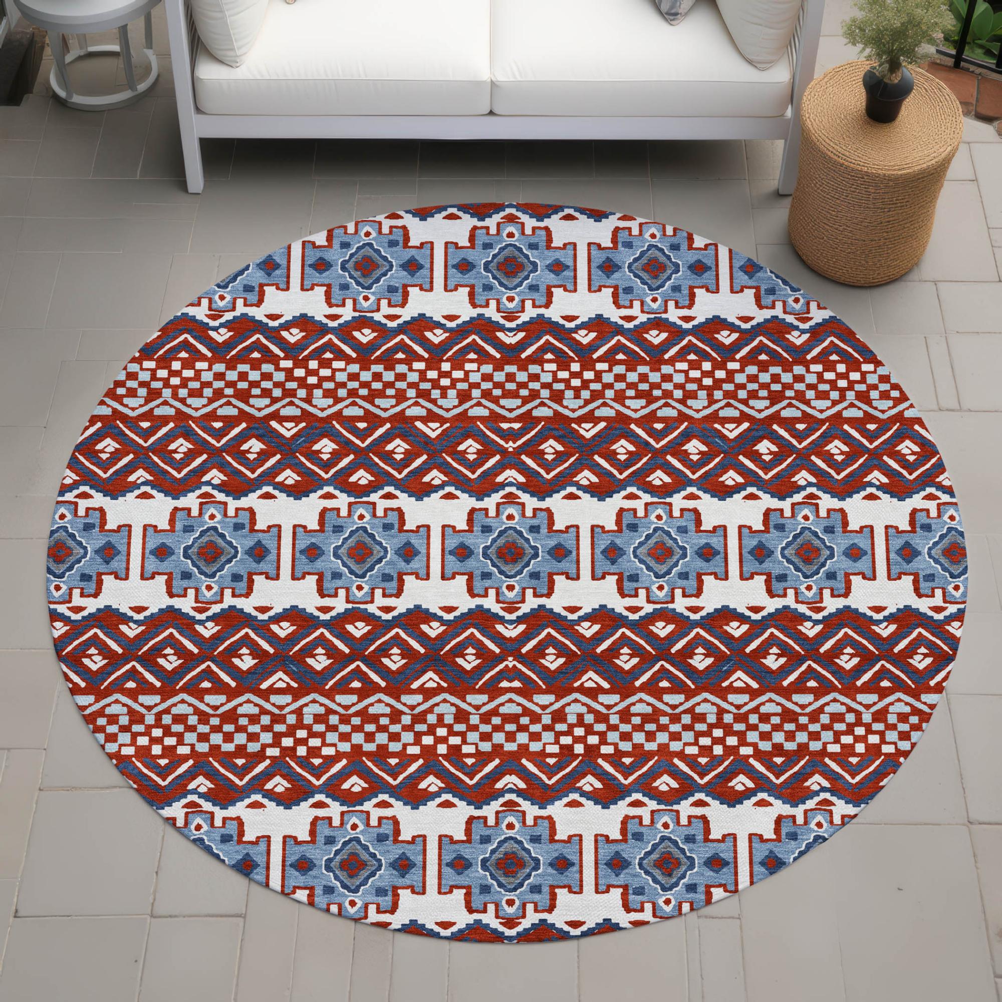 8' Red And Ivory Round Striped Washable Indoor Outdoor Area Rug Homeroots Outdoor
