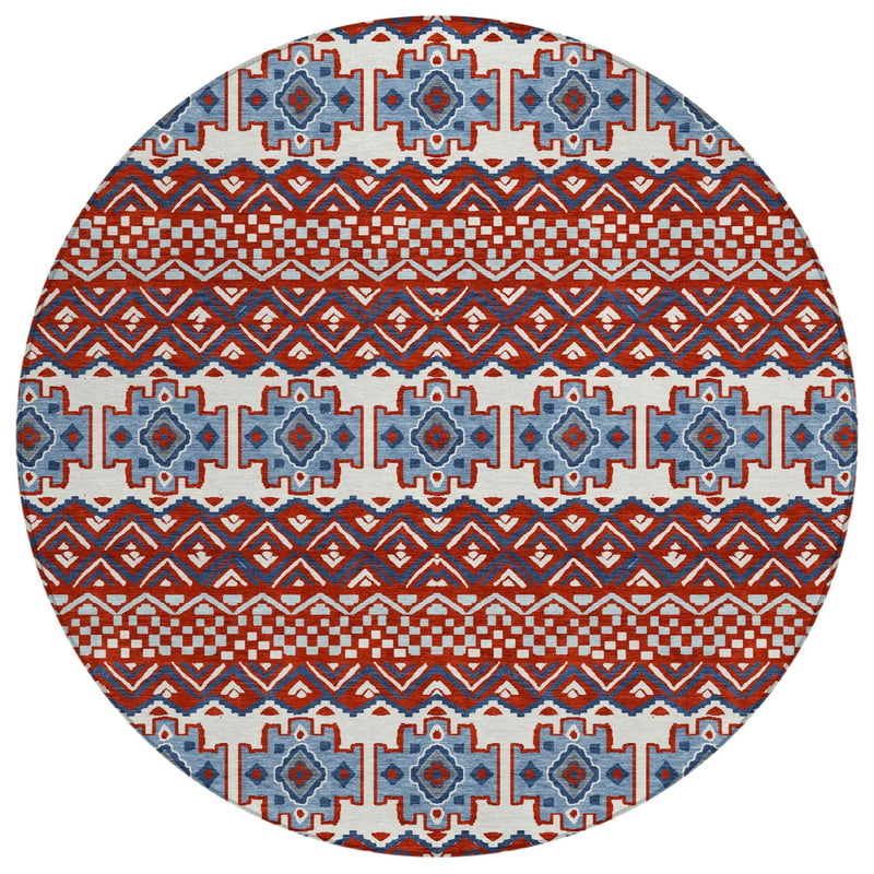 8' Red And Ivory Round Striped Washable Indoor Outdoor Area Rug Homeroots Outdoor