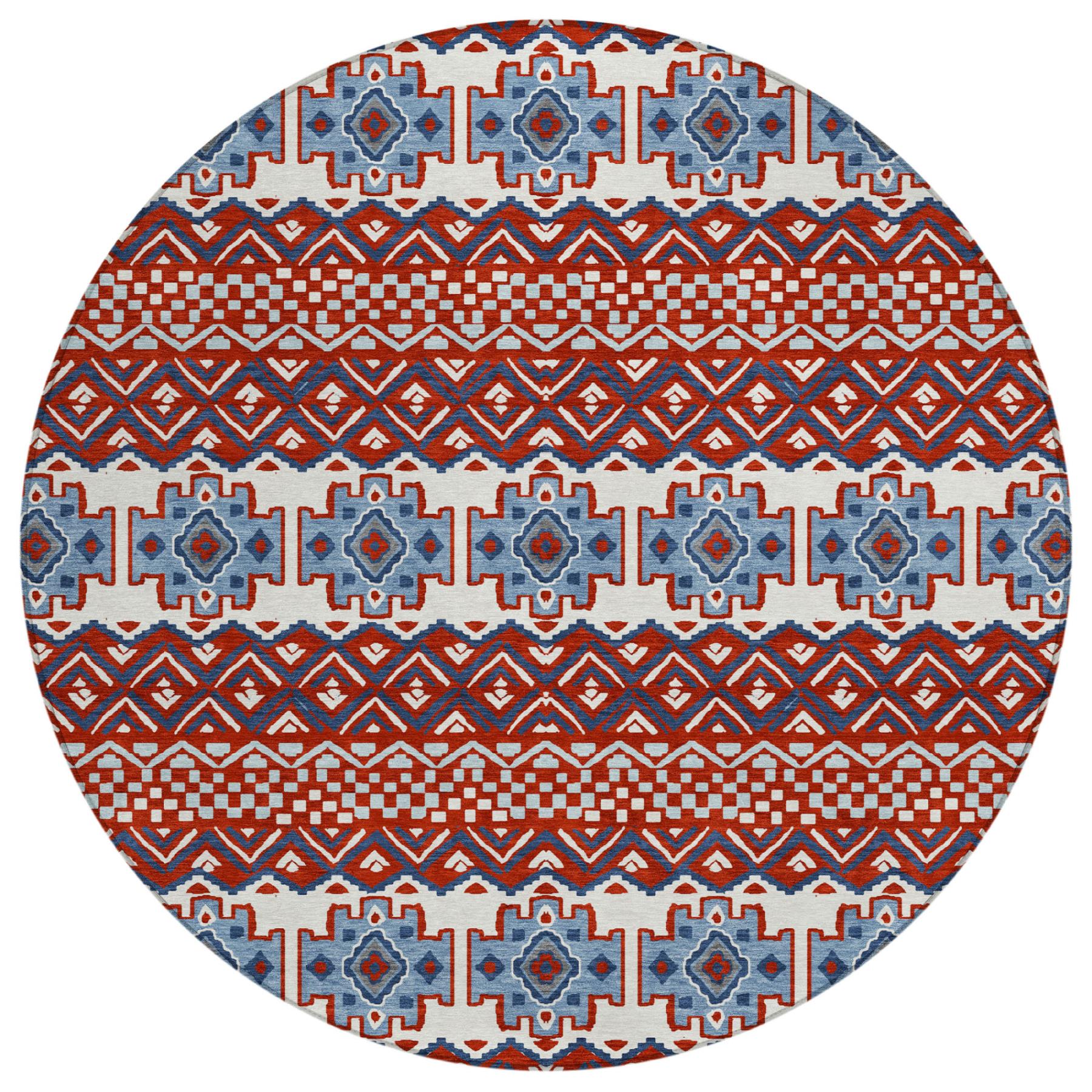 8' Red And Ivory Round Striped Washable Indoor Outdoor Area Rug Homeroots Outdoor
