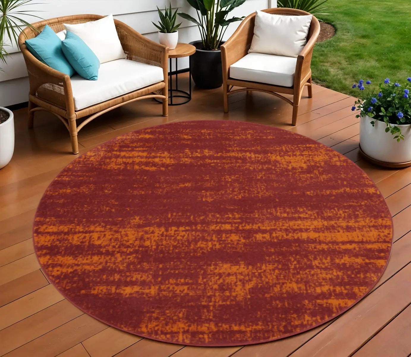8' Red And Orange Round Abstract Indoor Outdoor Area Rug Homeroots Outdoor