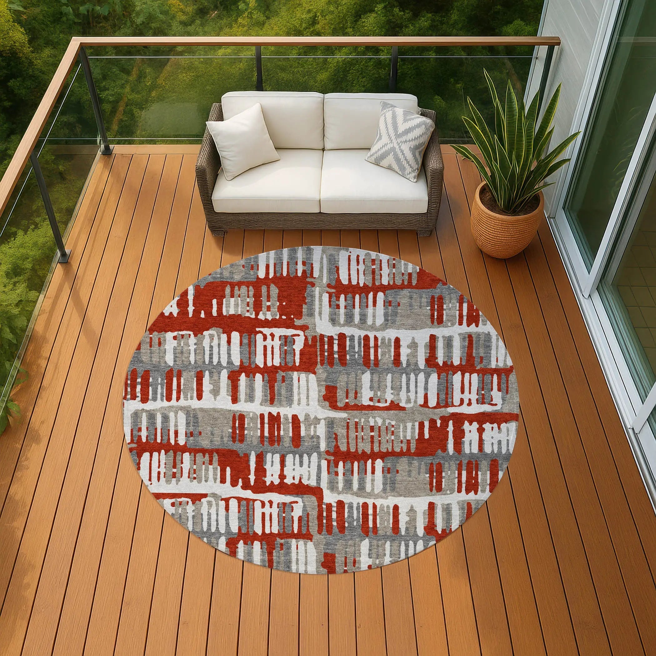 8' Red And Orange Round Abstract Washable Indoor Outdoor Area Rug Homeroots Outdoor