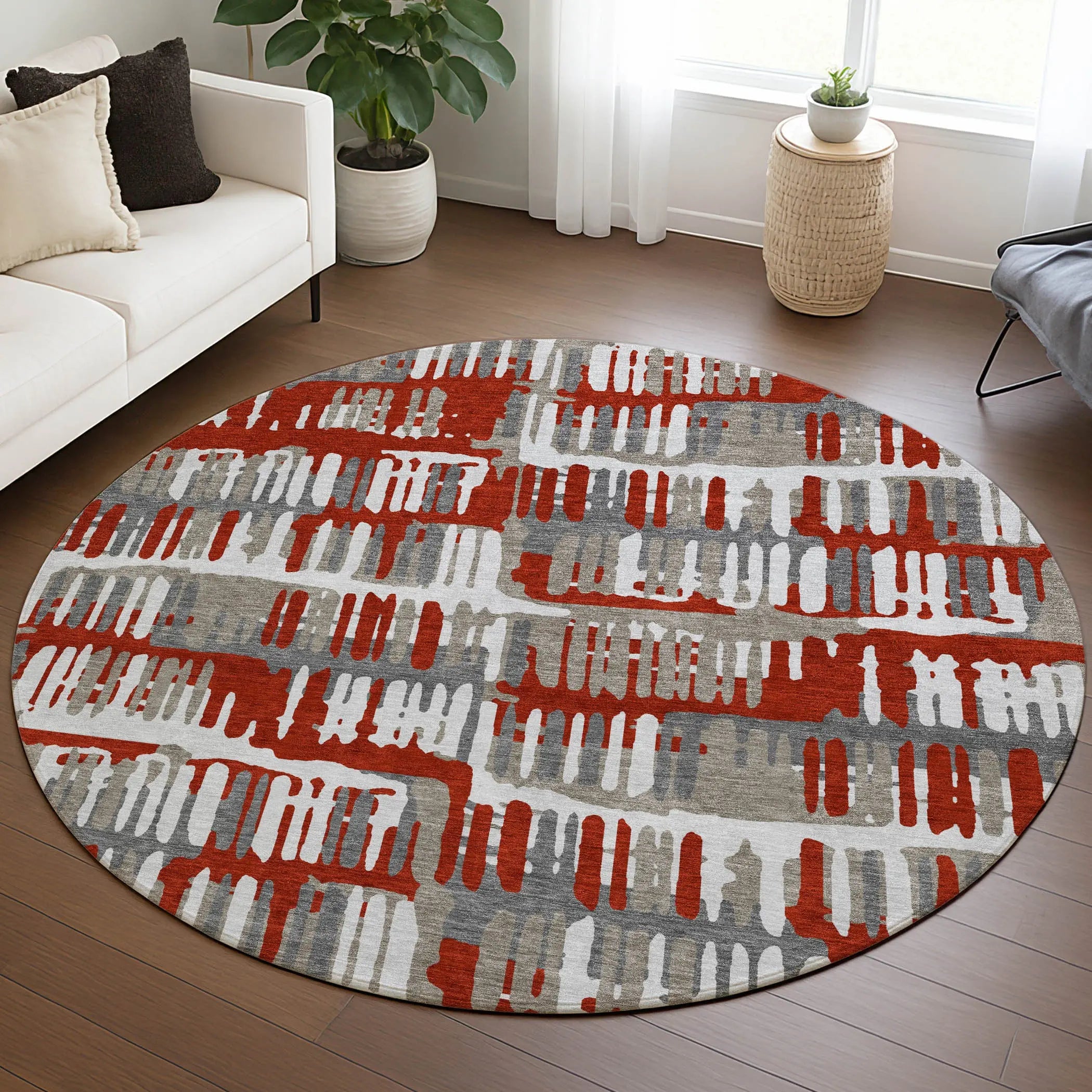 8' Red And Orange Round Abstract Washable Indoor Outdoor Area Rug Homeroots Outdoor